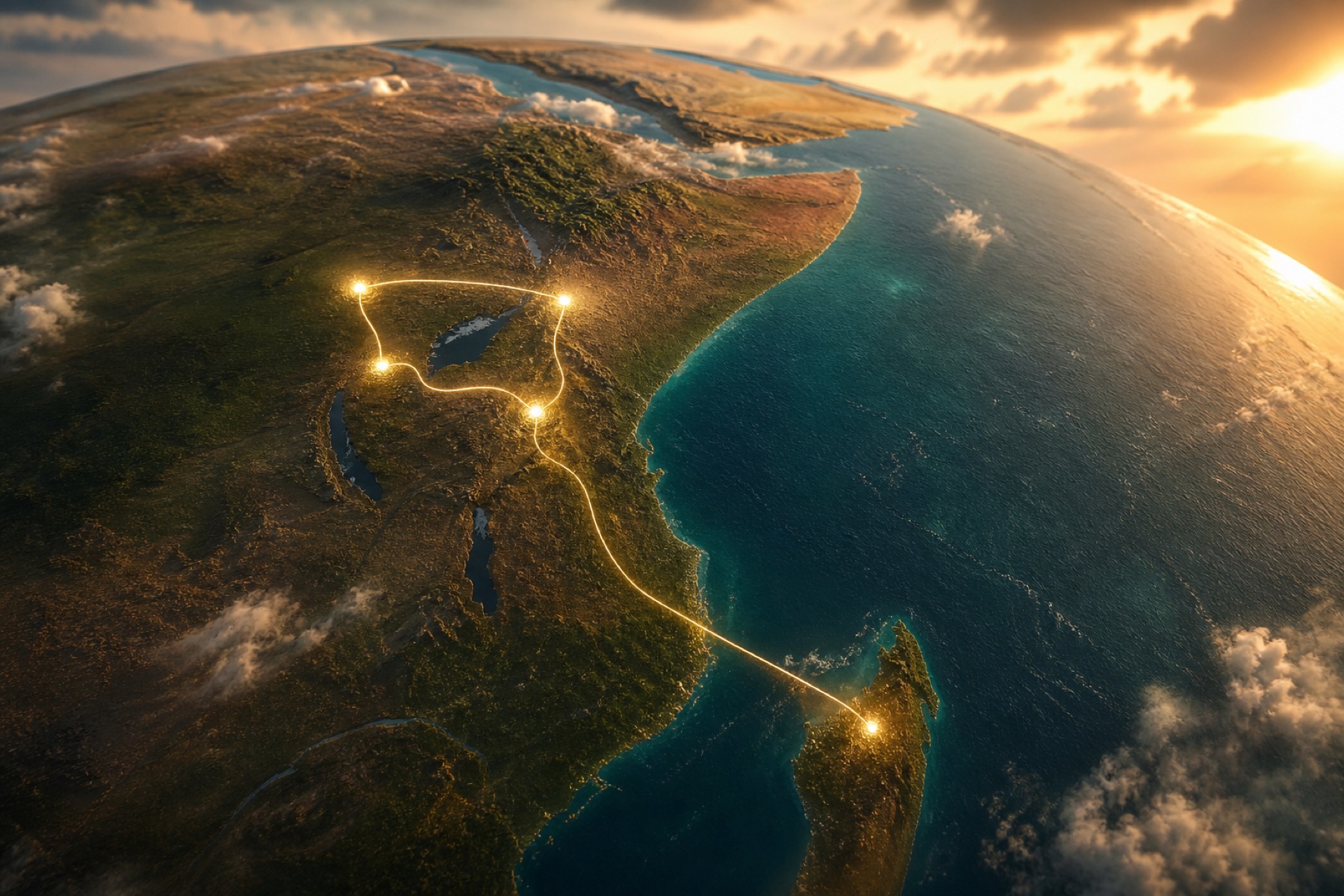 3D globe centered on East Africa with a champagne-gold travel recap route from Nairobi through the Masai Mara and Serengeti to Ngorongoro and Zanzibar