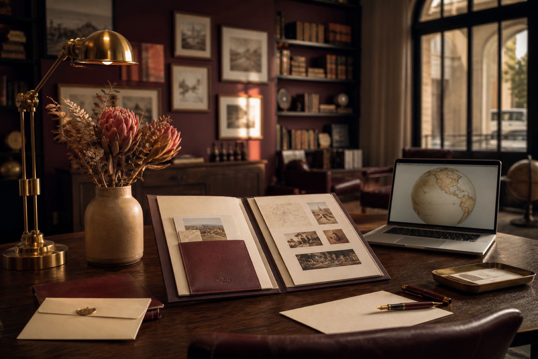 Boutique travel-agency atelier desk with a linen itinerary folio, brass lamp, fountain pen, and a laptop in warm afternoon light