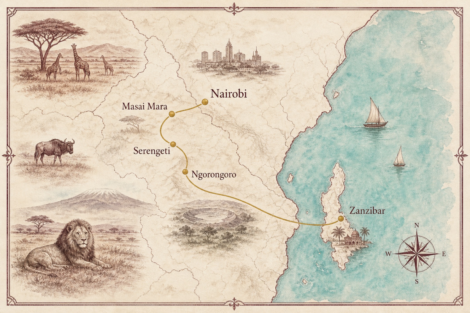 Ivory and burgundy luxury folio map of East Africa with a champagne-gold route through Nairobi, Masai Mara, Serengeti, Ngorongoro, and Zanzibar