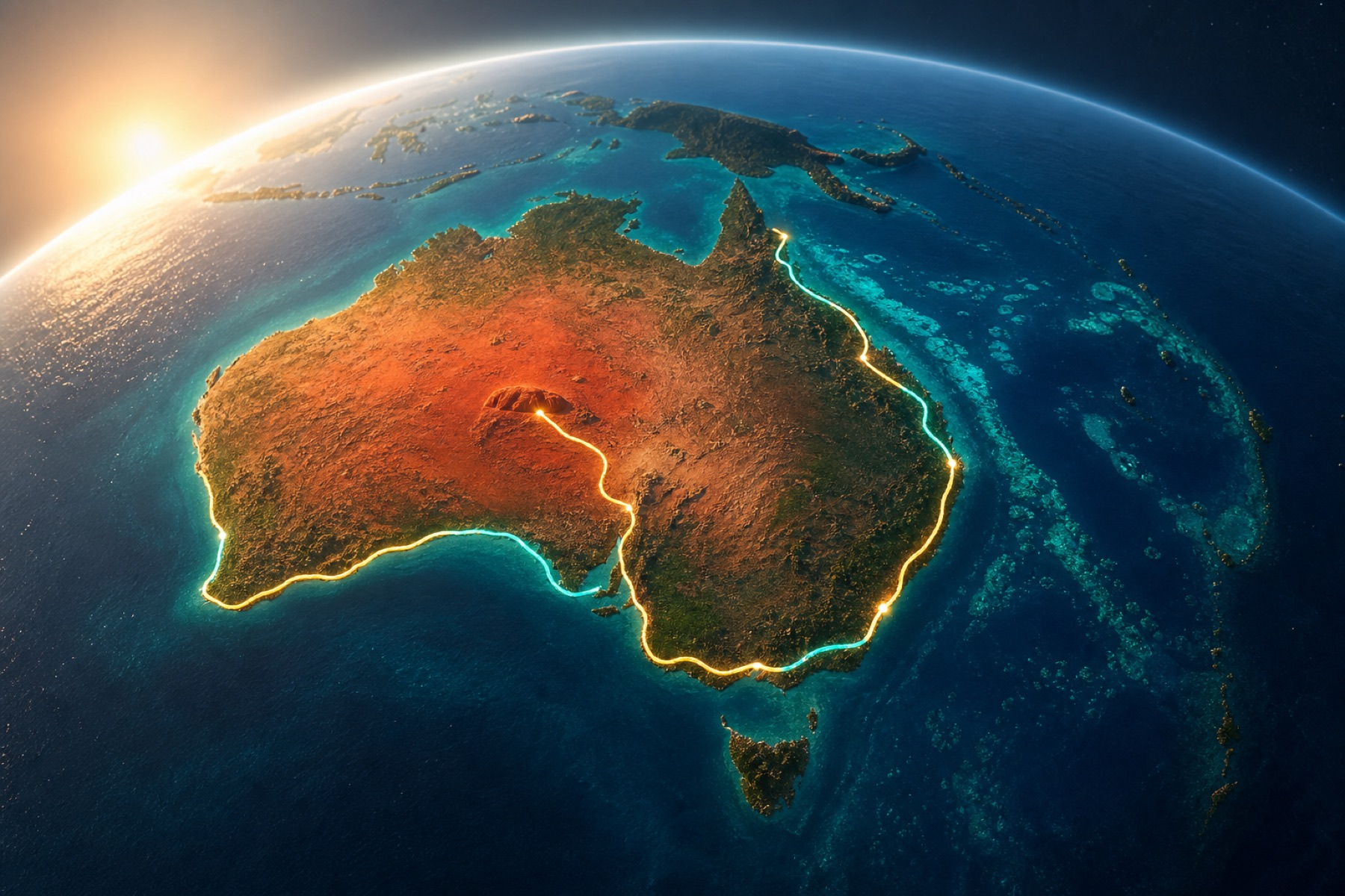 3D globe centered on Australia with an ochre and teal travel recap route from Sydney and Melbourne through Uluru to Cairns on the Coral Sea