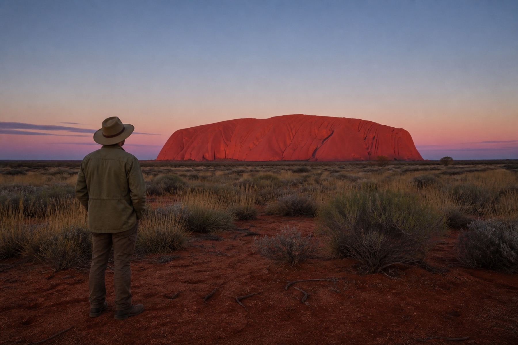 Australian traveler in a field jacket and wide-brim hat standing on red dirt at dawn with Uluru glowing ochre behind them