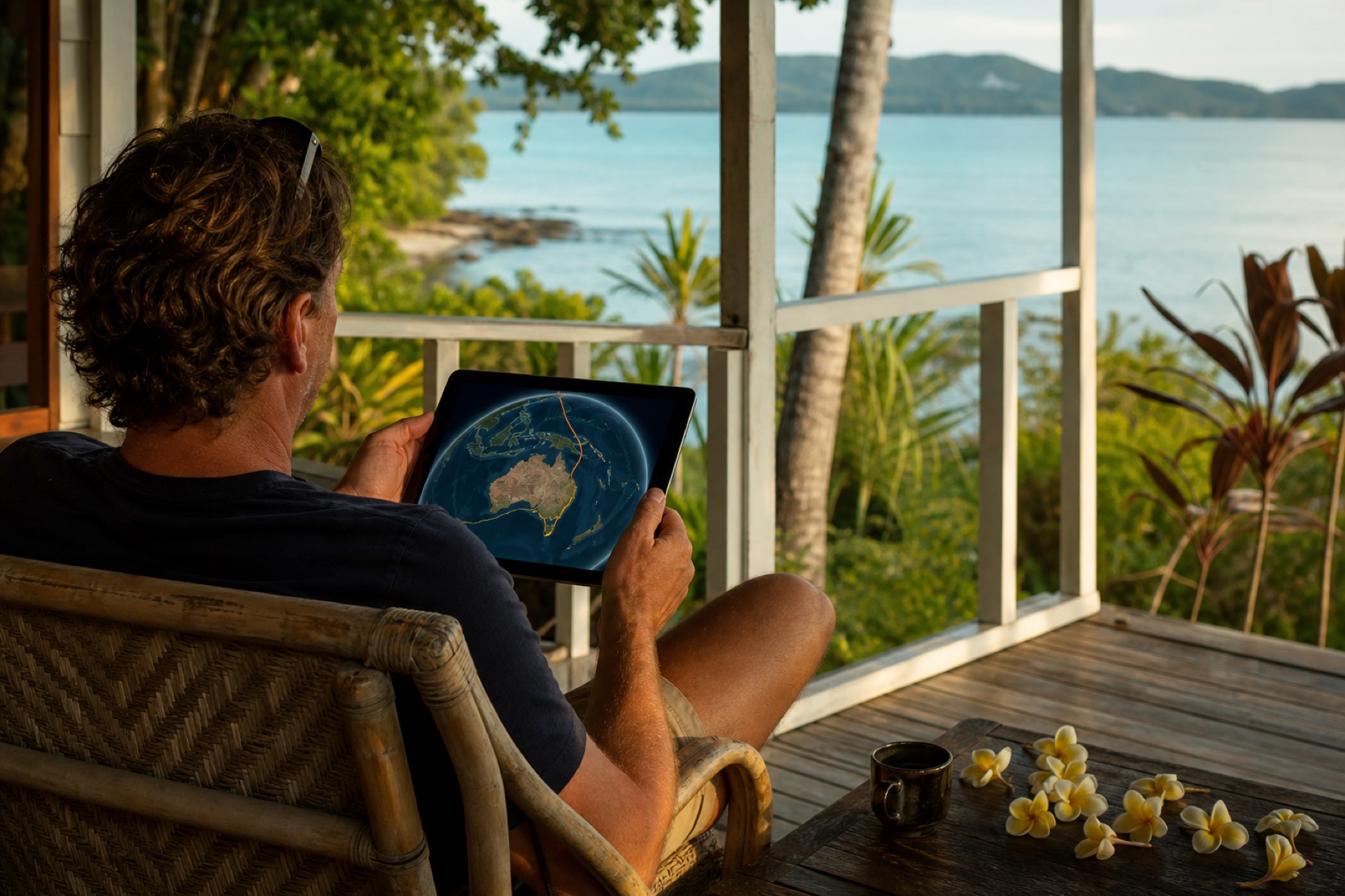 Australian on a Queensland verandah watching a 3D globe travel recap of Australia on a tablet, with tropical water beyond the railing