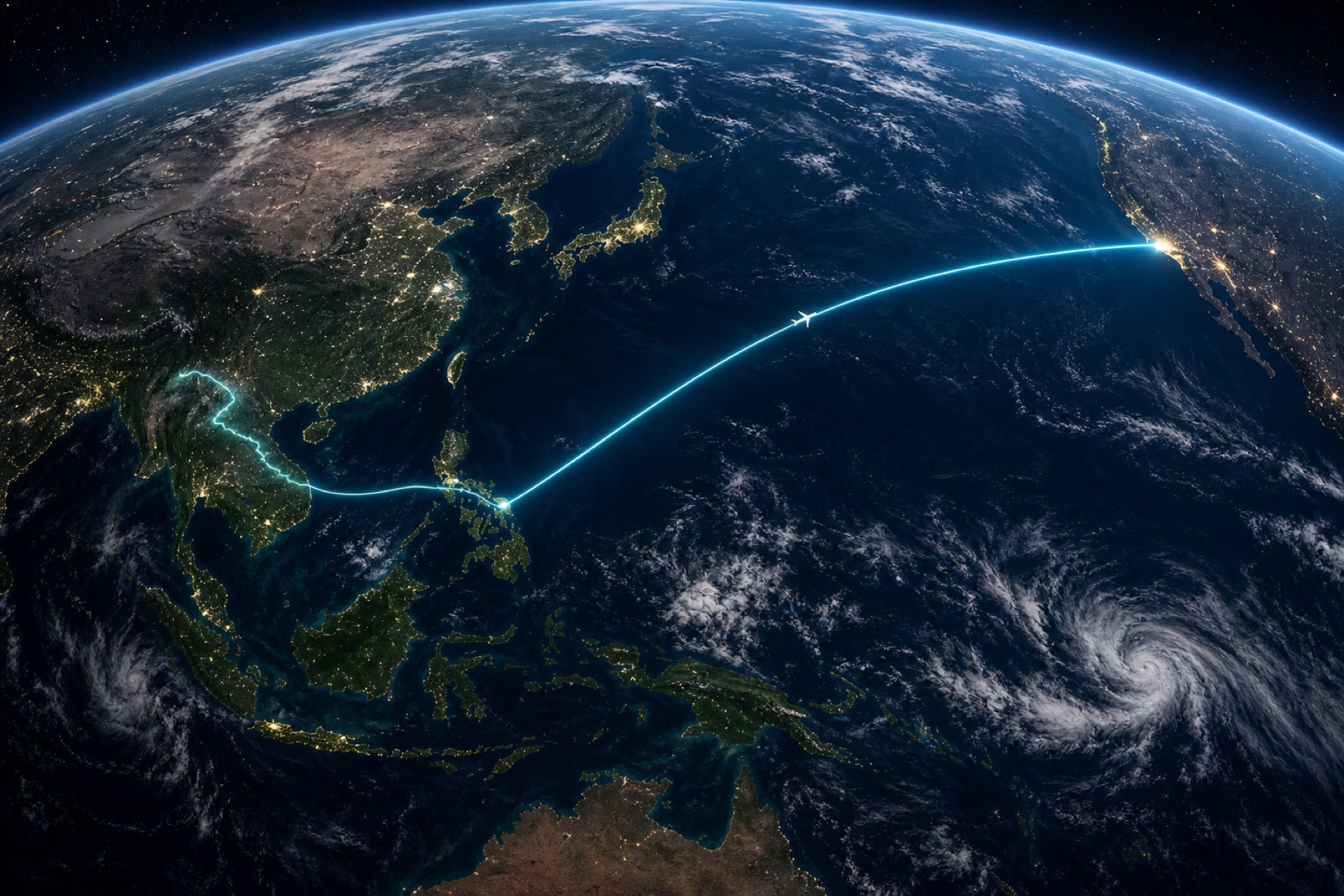 Cinematic 3D globe flyover still of a glowing cyan travel recap route crossing the Pacific from Los Angeles toward Southeast Asia