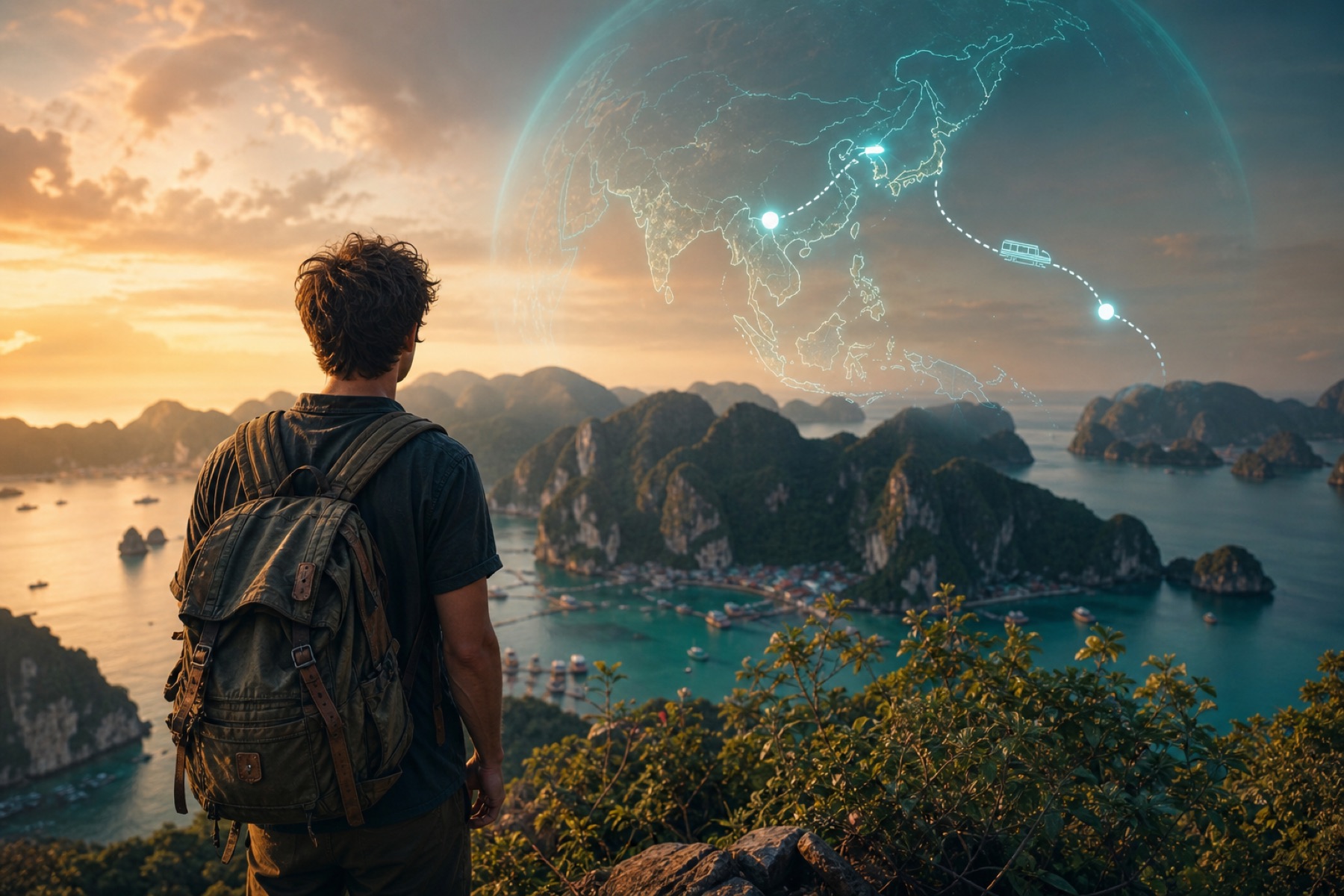 Backpacker standing on a tropical cliff at sunset, looking out over islands while a glowing 3D travel recap route arcs across the sky