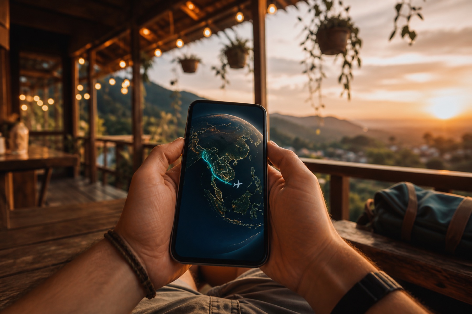 Backpacker holding a phone on a hostel balcony at sunset, watching a 3D globe travel recap video of a Southeast Asia route