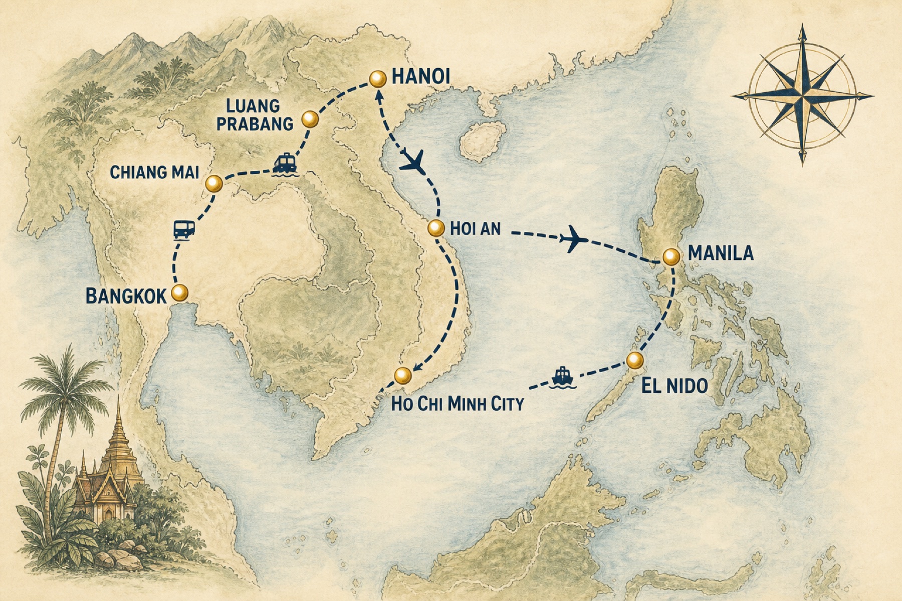 Illustrated Southeast Asia backpacking map with a gold-pinned route through Manila, El Nido, Bangkok, Chiang Mai, Luang Prabang, Hanoi, Hoi An, and Ho Chi Minh City