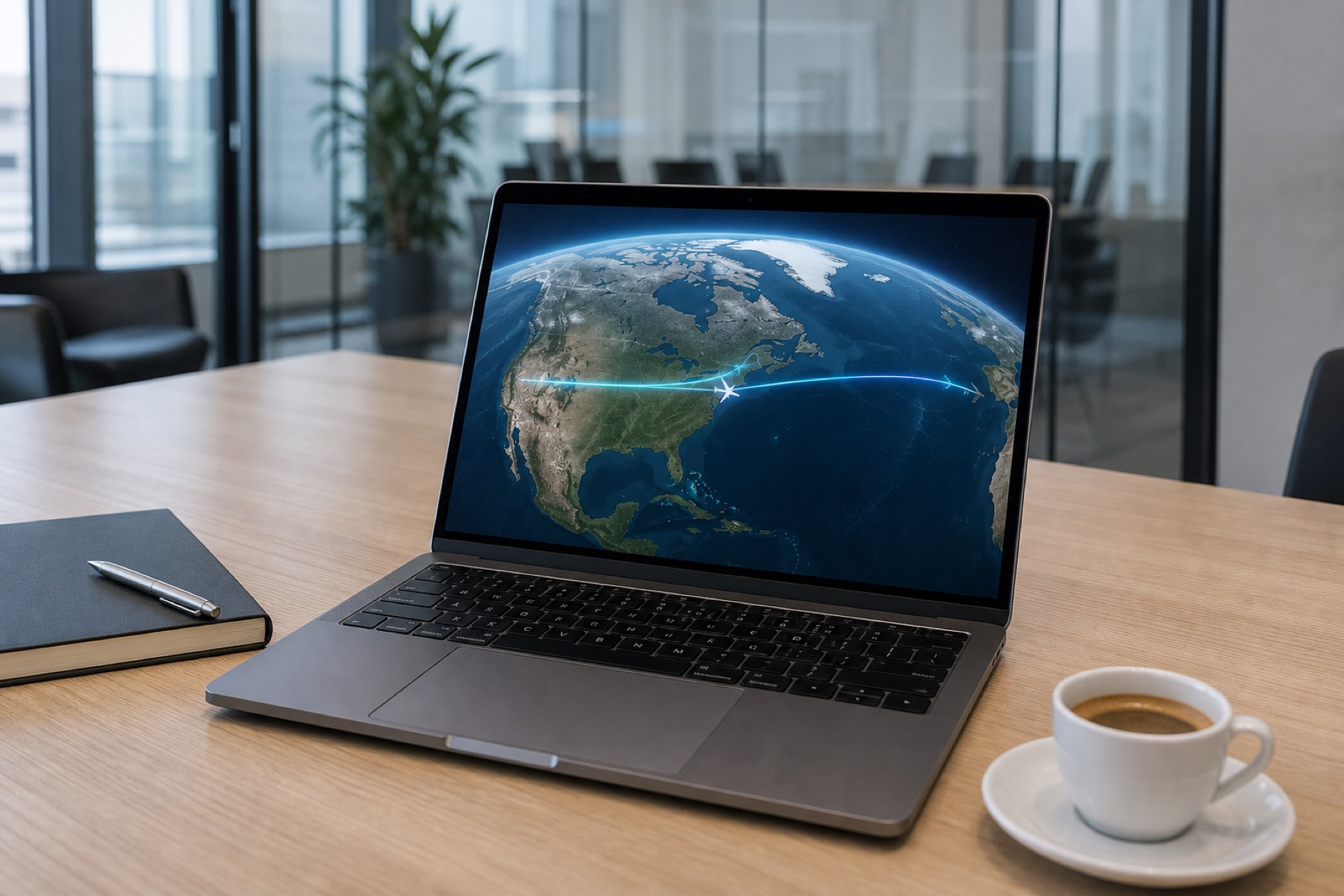 Laptop on a conference table showing a 16:9 3D globe travel recap of a transatlantic business circuit, notebook and pen beside it