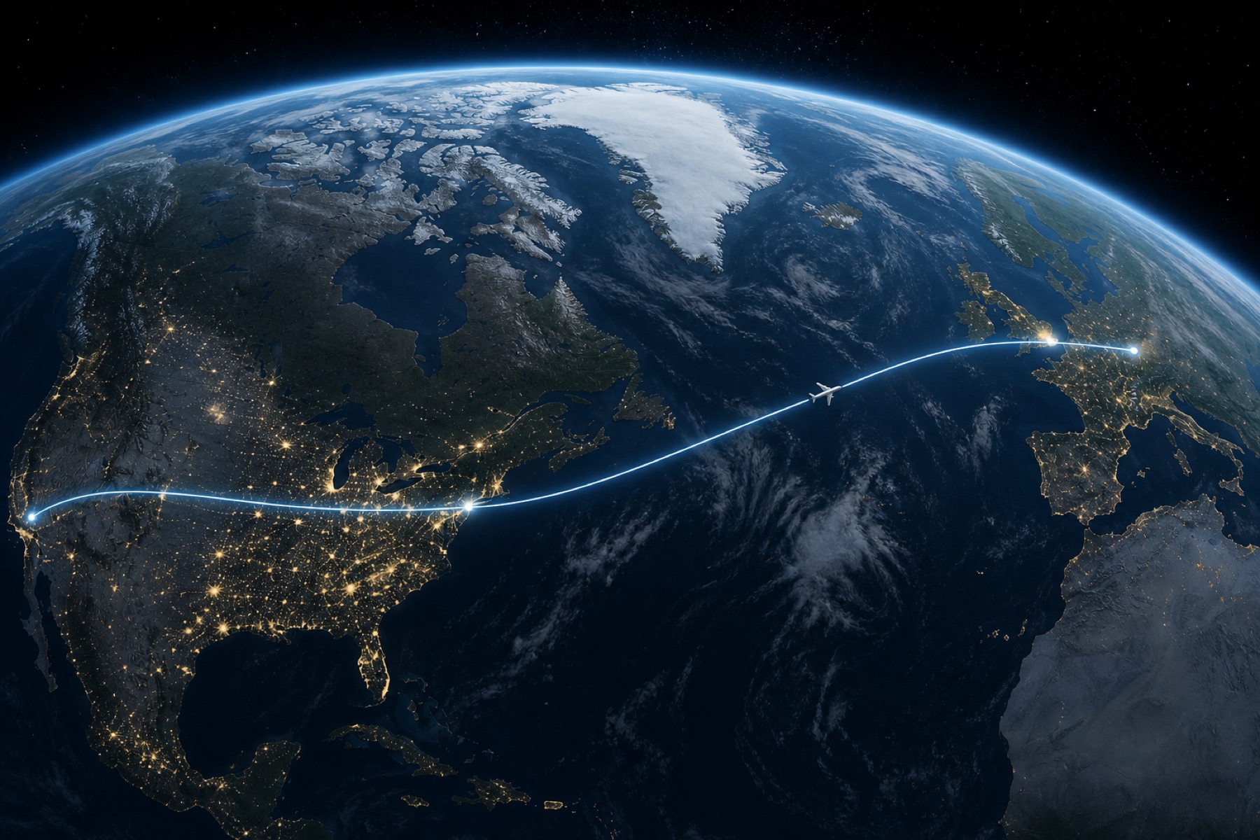 Cool-toned 3D globe showing a business travel recap flight arc across North America and the North Atlantic toward Europe