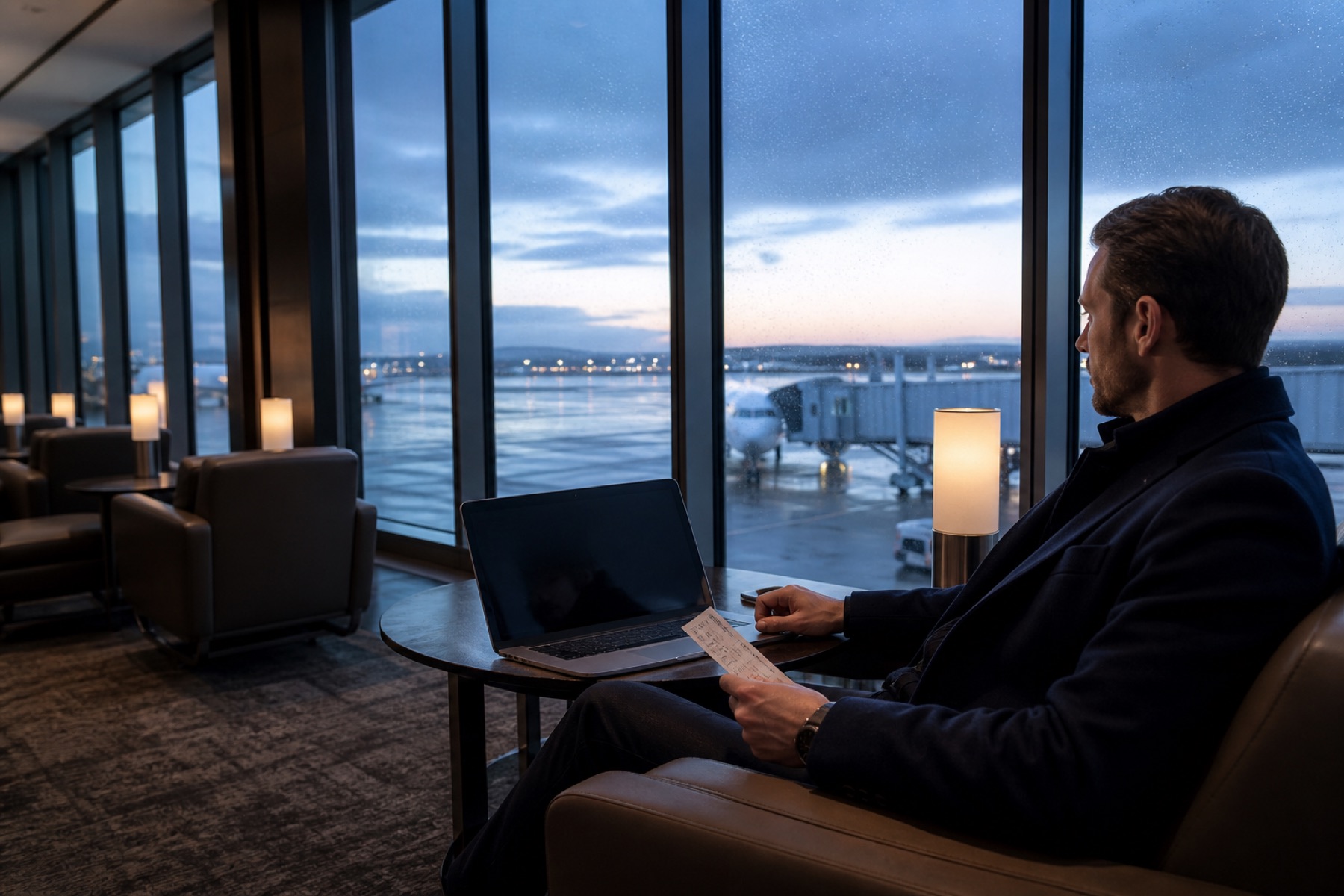 Business traveler in a quiet airport lounge at dawn, navy coat, laptop open, paper boarding pass on the table, rain on the glass