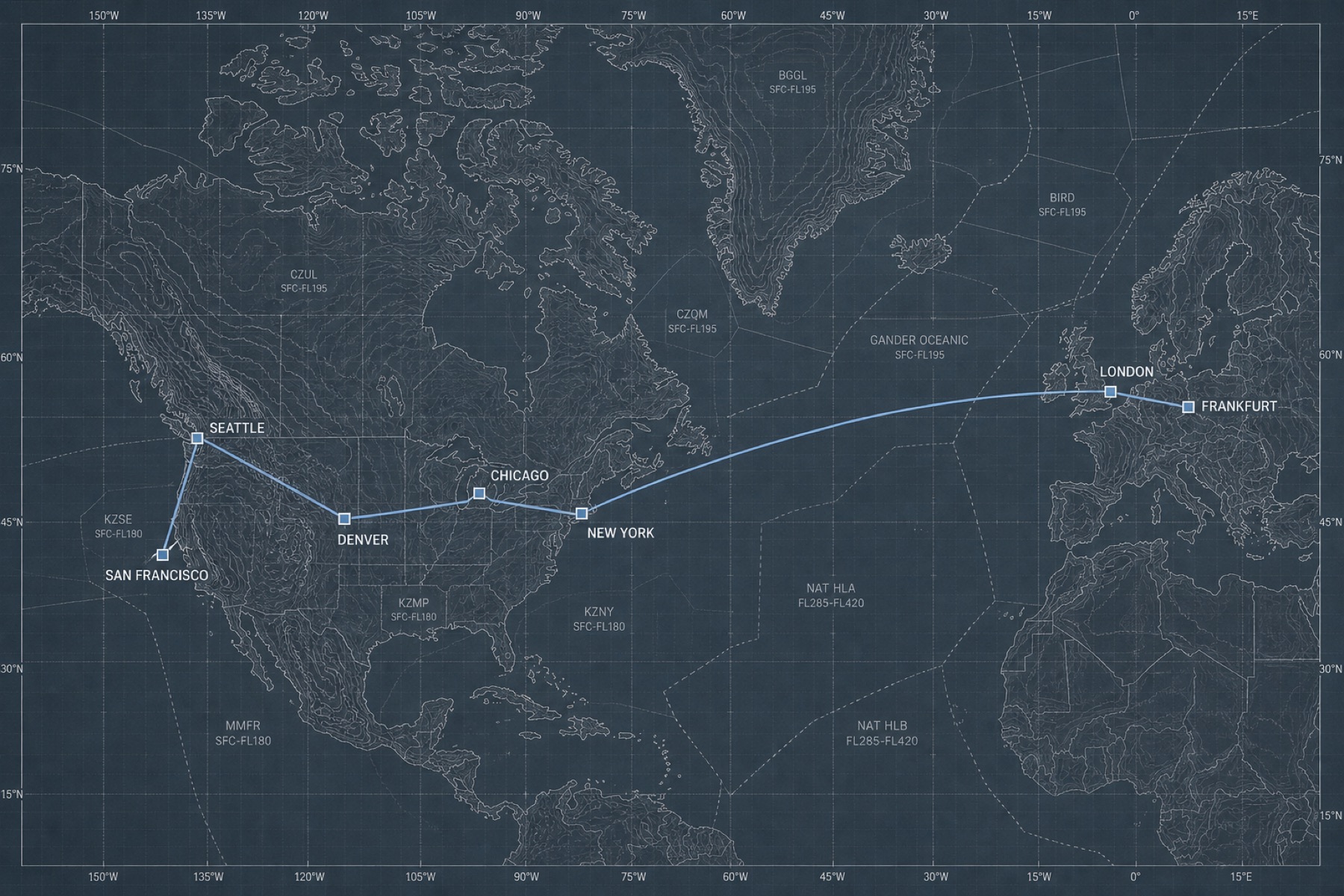 Steel-blue aviation-chart style map of a business travel recap route from San Francisco across the United States to New York, then over the Atlantic to London and Frankfurt