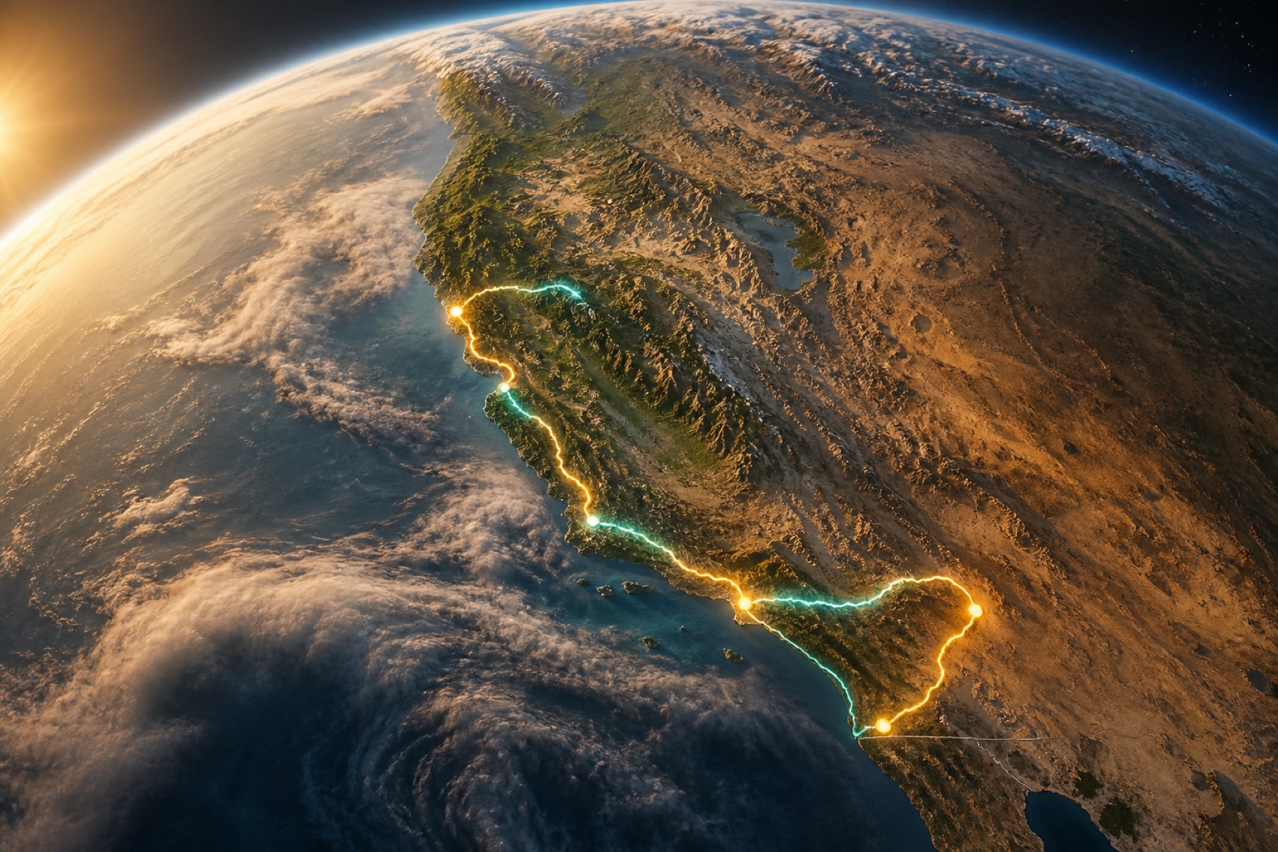 3D globe centered on California with a gold and teal travel recap route from San Francisco through Yosemite and Big Sur to Joshua Tree and San Diego
