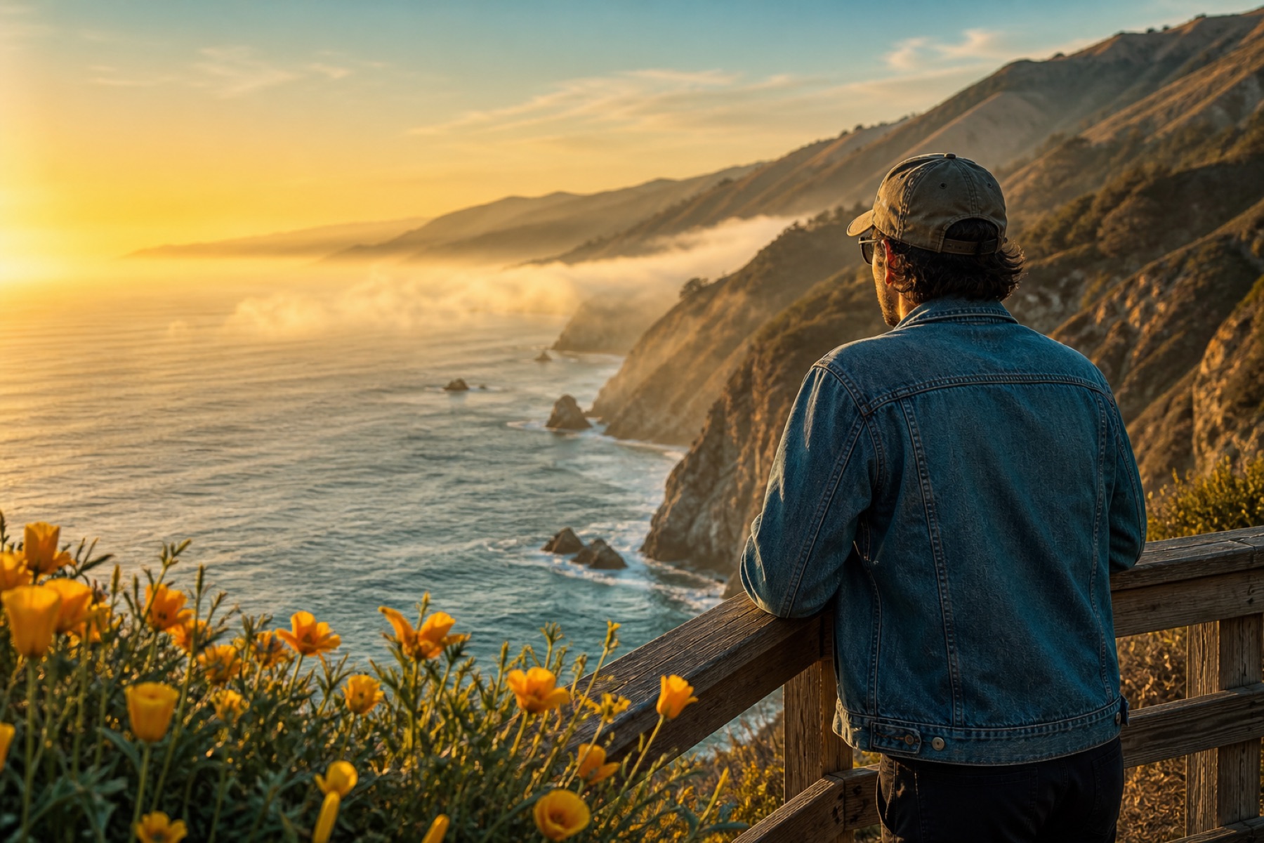 Californian traveler in a denim jacket at a Big Sur Highway 1 overlook at golden hour, with California poppies in the foreground and Pacific cliffs below