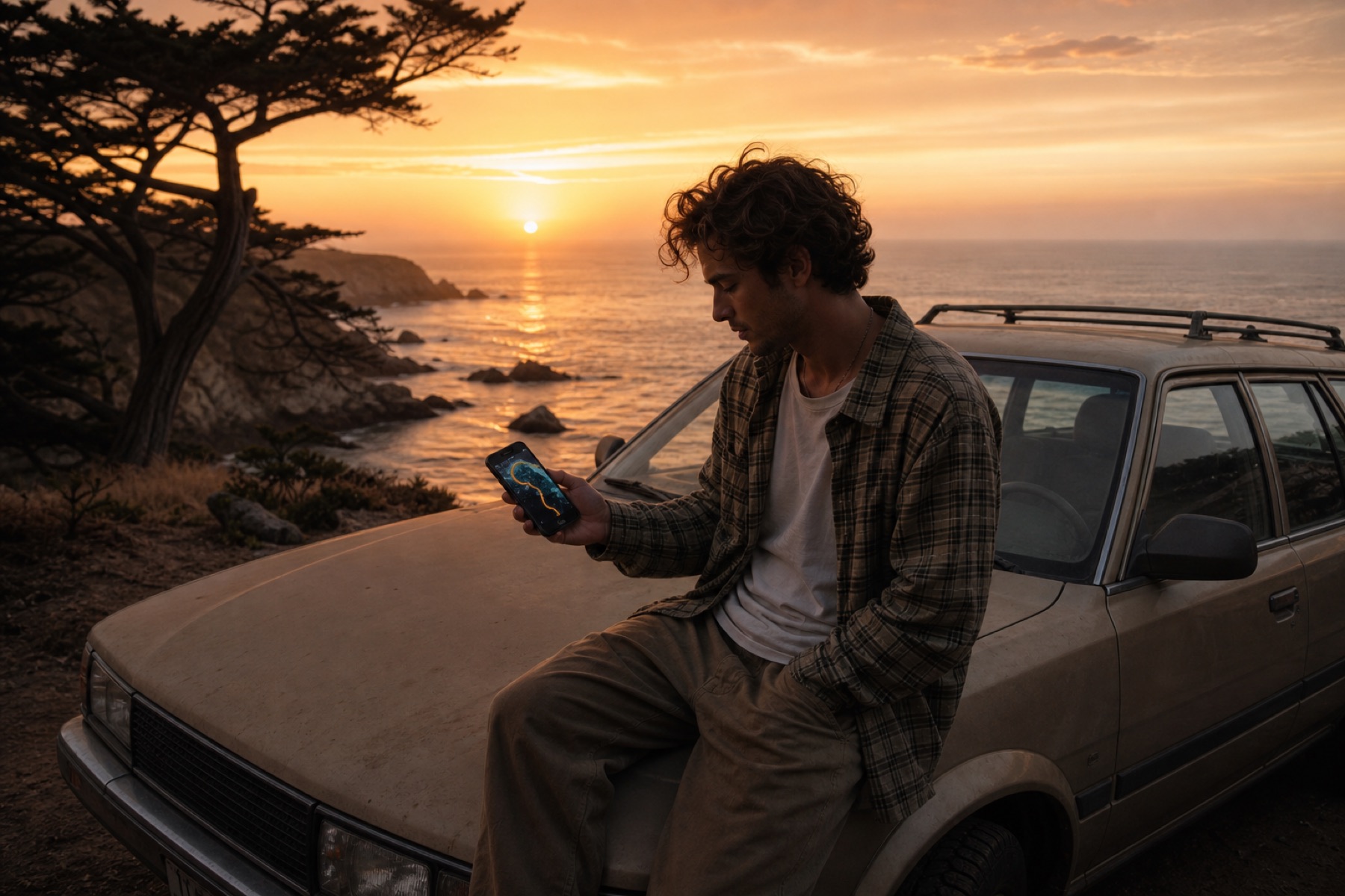 Californian sitting on a car hood at a coastal overlook at dusk, watching a 3D globe travel recap of California on a phone