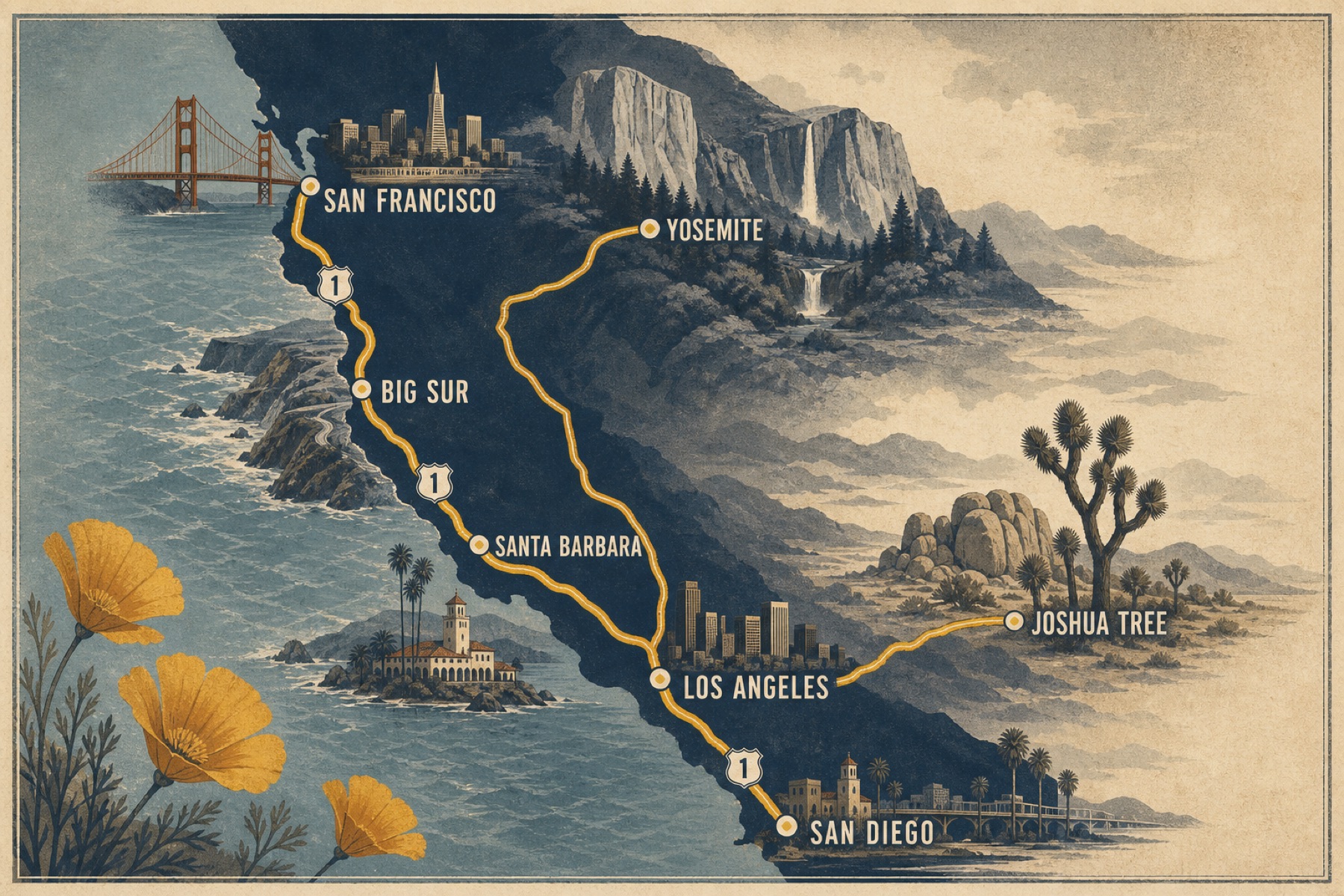 Vintage California road-trip poster map with a gold route through San Francisco, Yosemite, Big Sur, Santa Barbara, Los Angeles, Joshua Tree, and San Diego