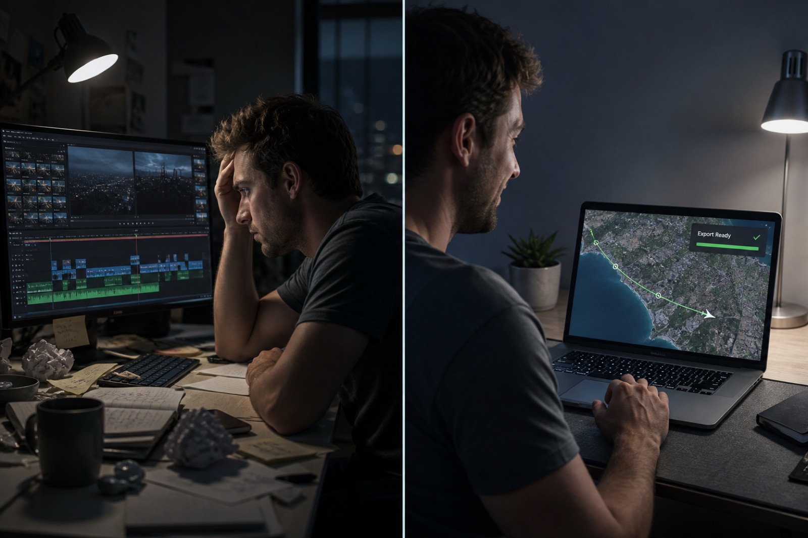 Before and after creator desk: long night timeline edit versus a clean map flyover export ready on a laptop