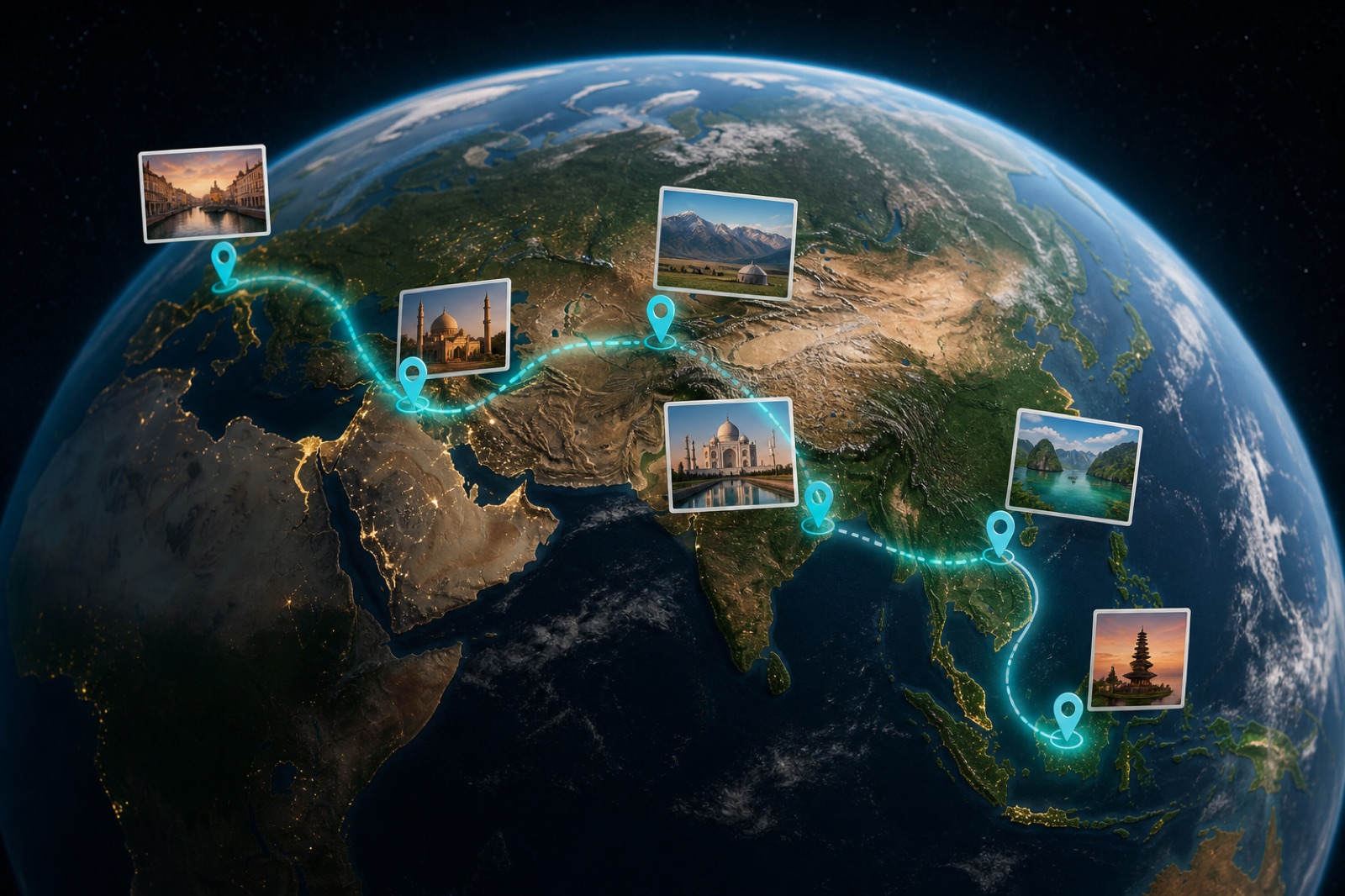 3D globe with a teal multi-country content-week travel route for a blogger recap