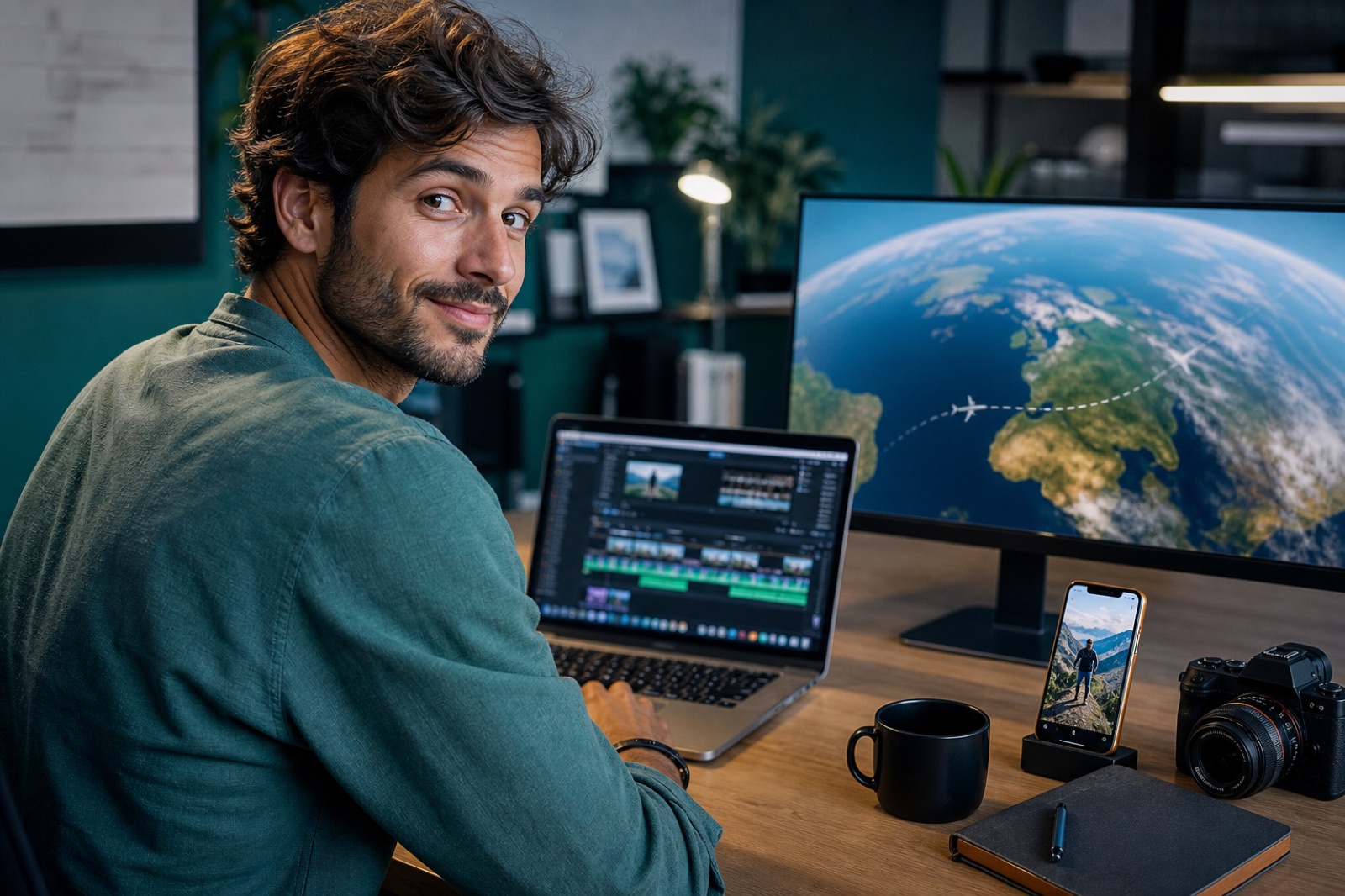 Travel content creator at a desk exporting a 3D map travel recap for social content