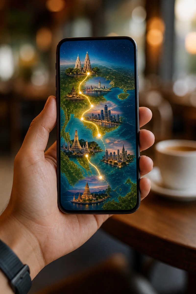 Phone showing a vertical travel map recap Reel frame with a glowing multi-city route