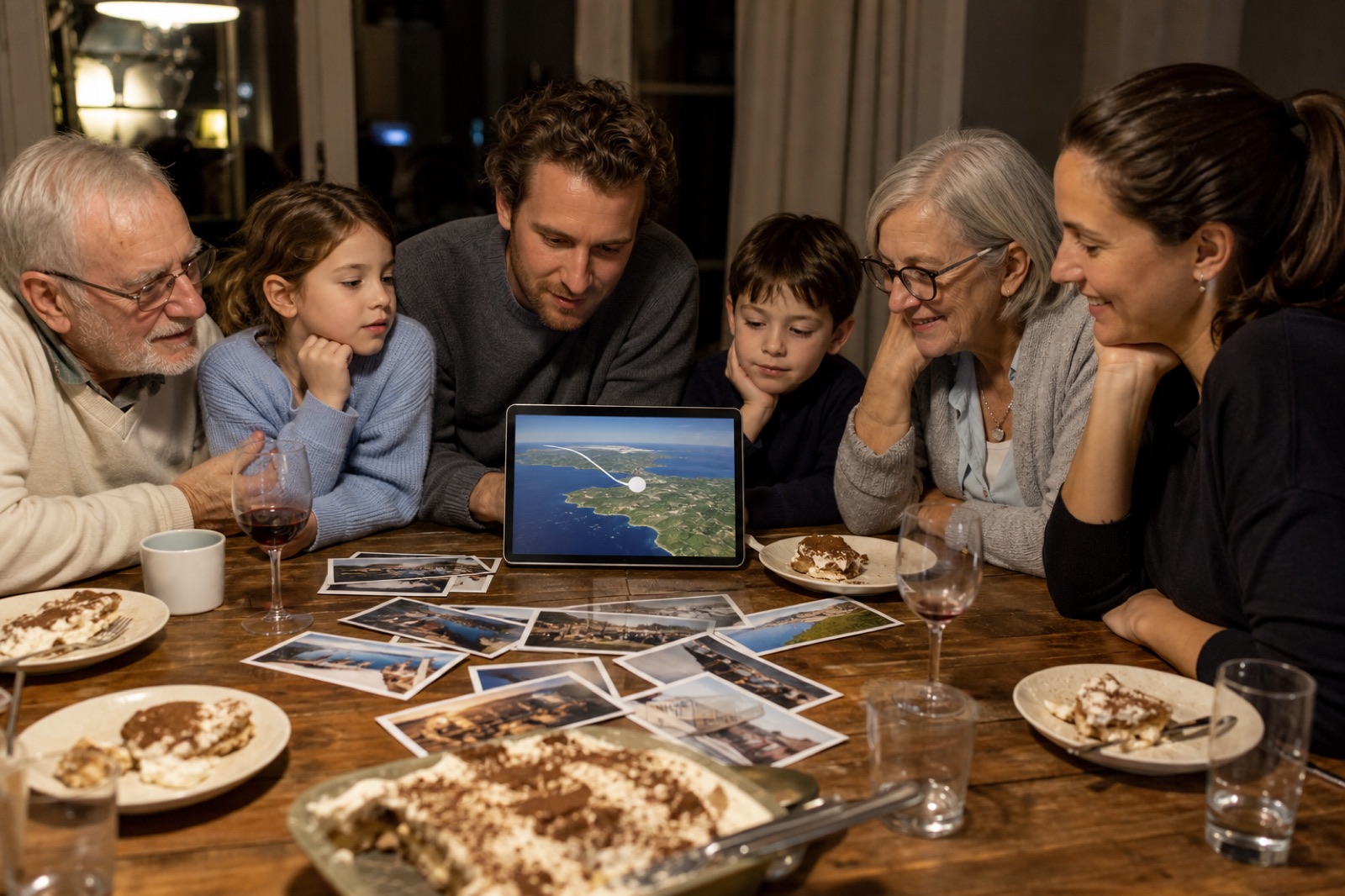 Family around a table reviewing vacation photos and a trip map video on a tablet