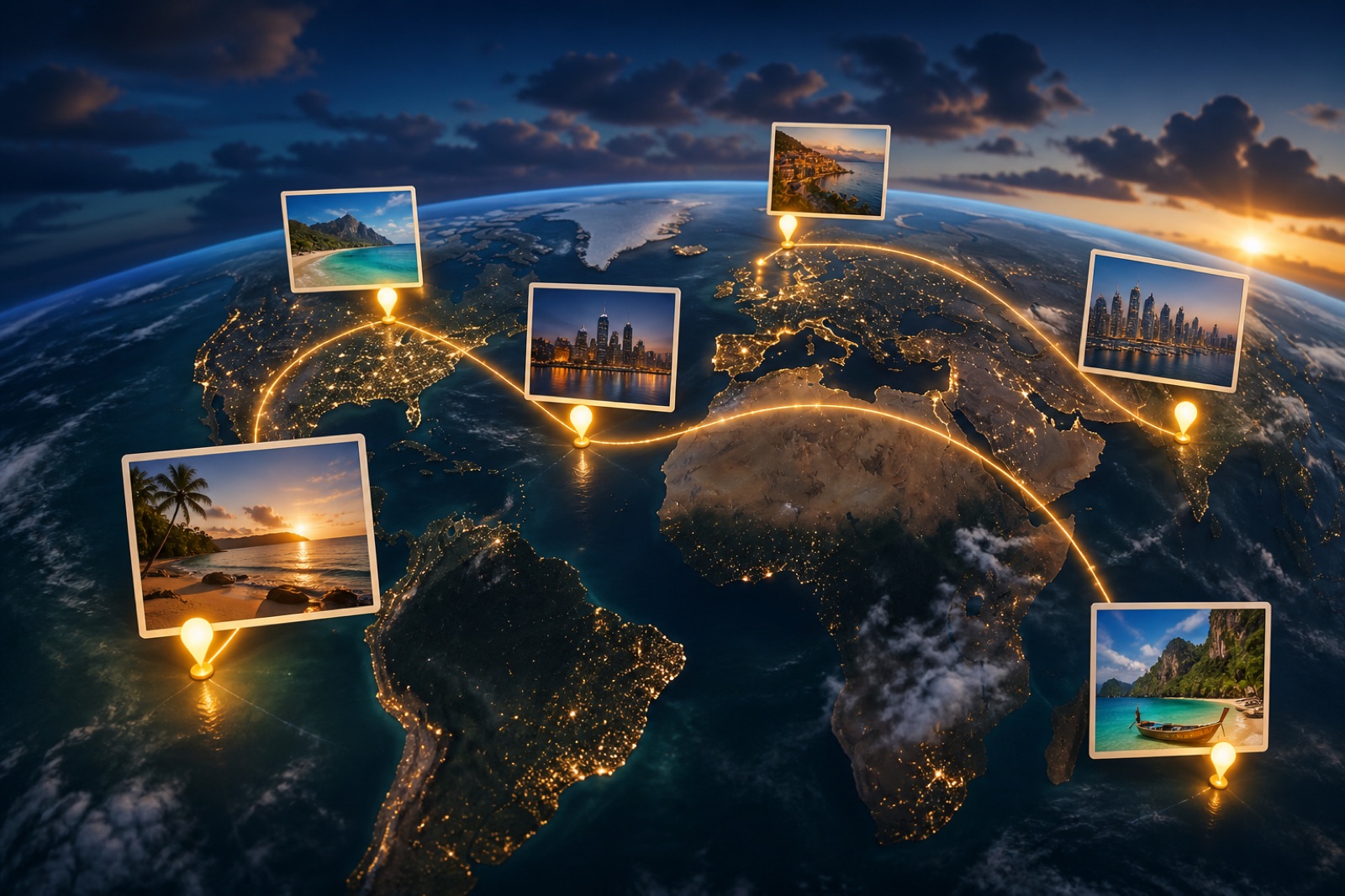 3D globe travel flyover with a warm route line connecting family vacation destinations