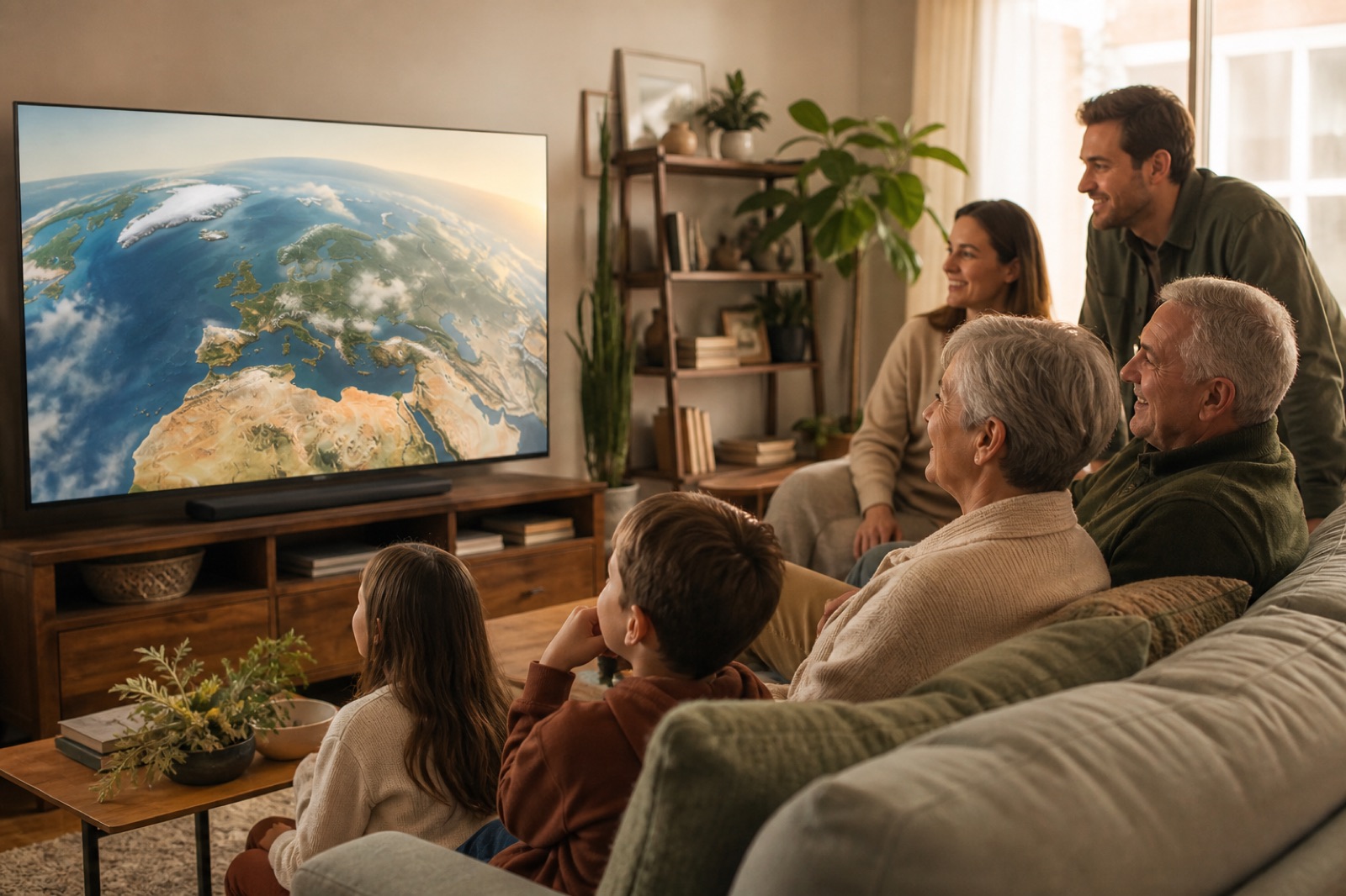 Grandparents and family watching a vacation map recap video on the living-room television