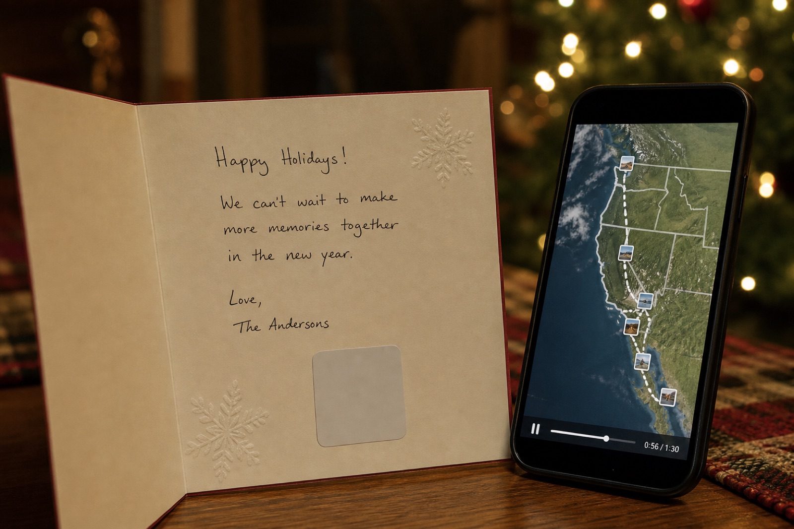 Holiday greeting card on a table beside a phone playing a year-of-travel recap video