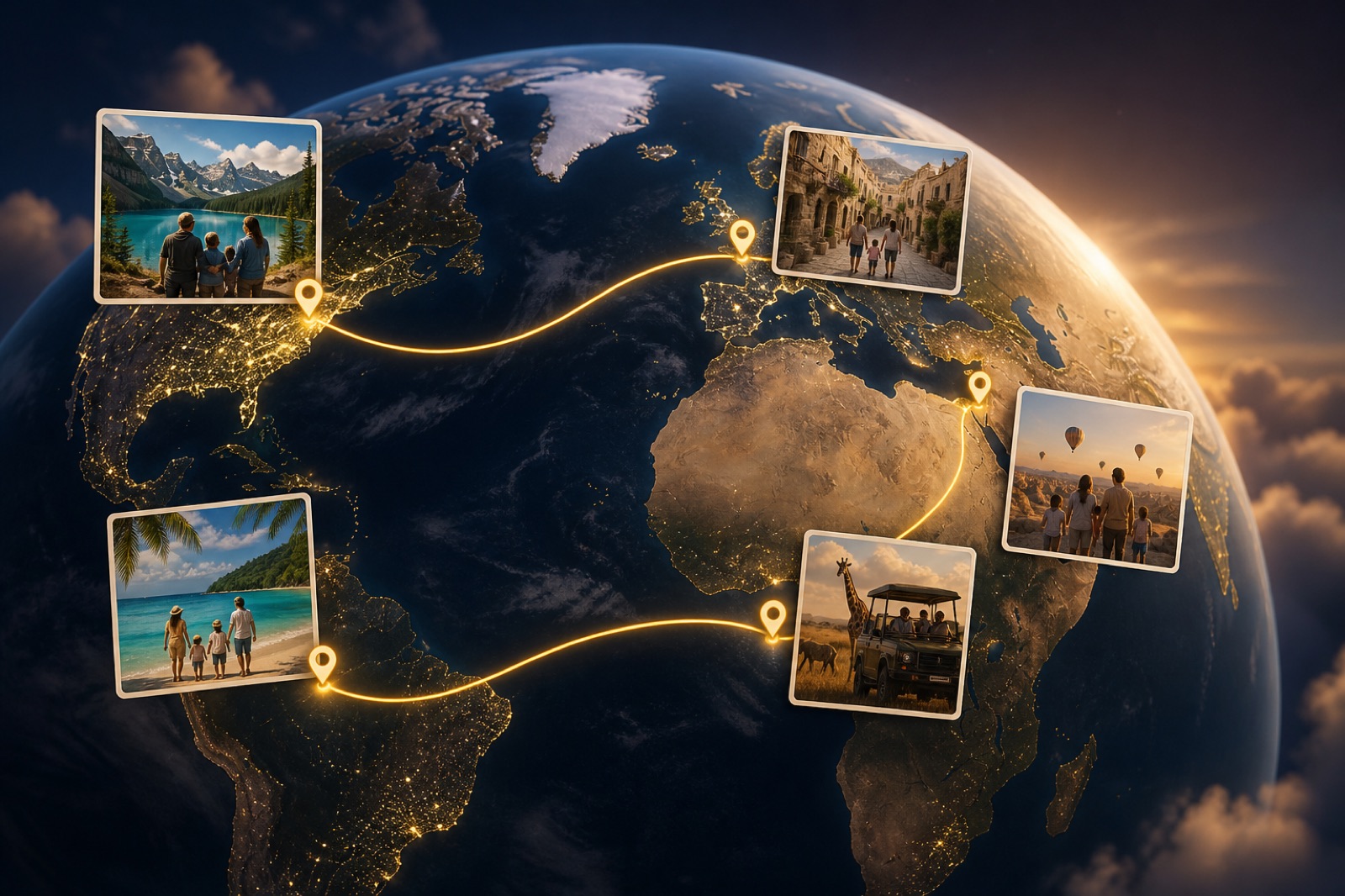 3D globe with a warm gold family year-of-travel route connecting vacation destinations