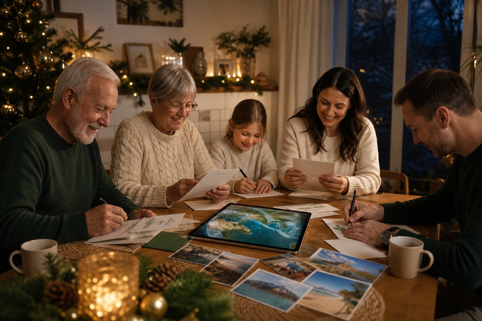 Multigenerational family writing holiday cards with a tablet showing a year-of-travel map recap on the table