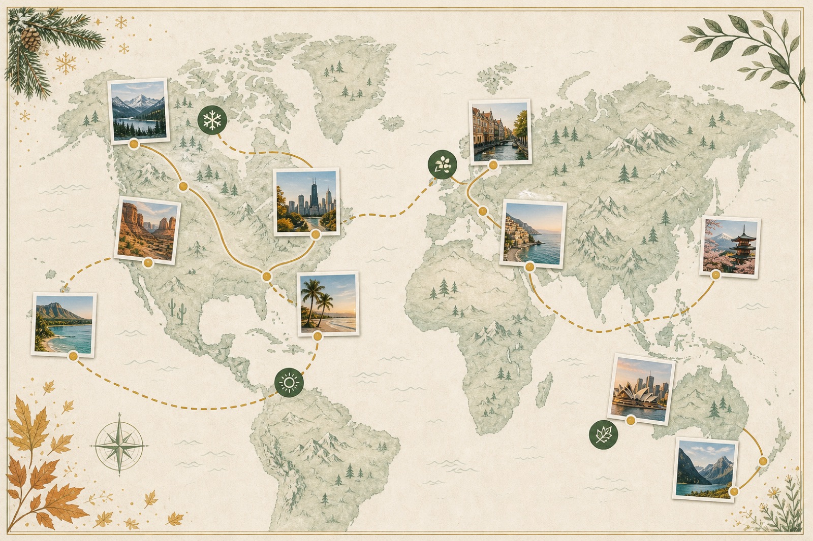 Illustrated year-of-travel route map connecting family trips across seasons