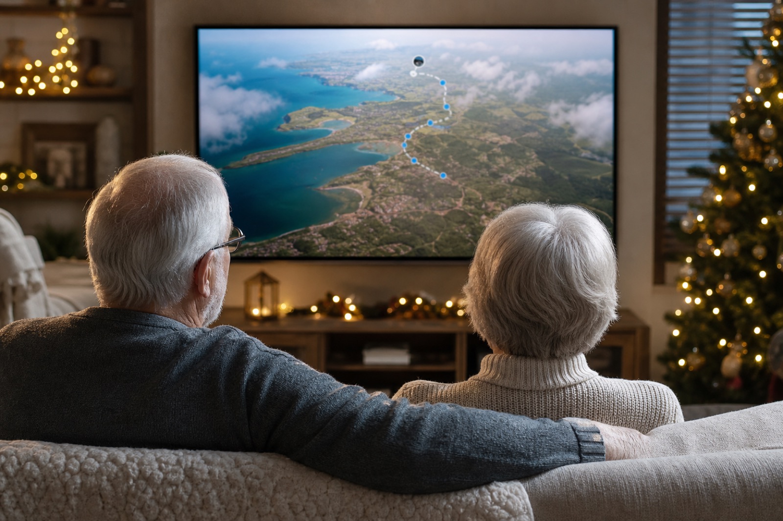 Grandparents watching a family year travel recap on the living-room television during the holidays