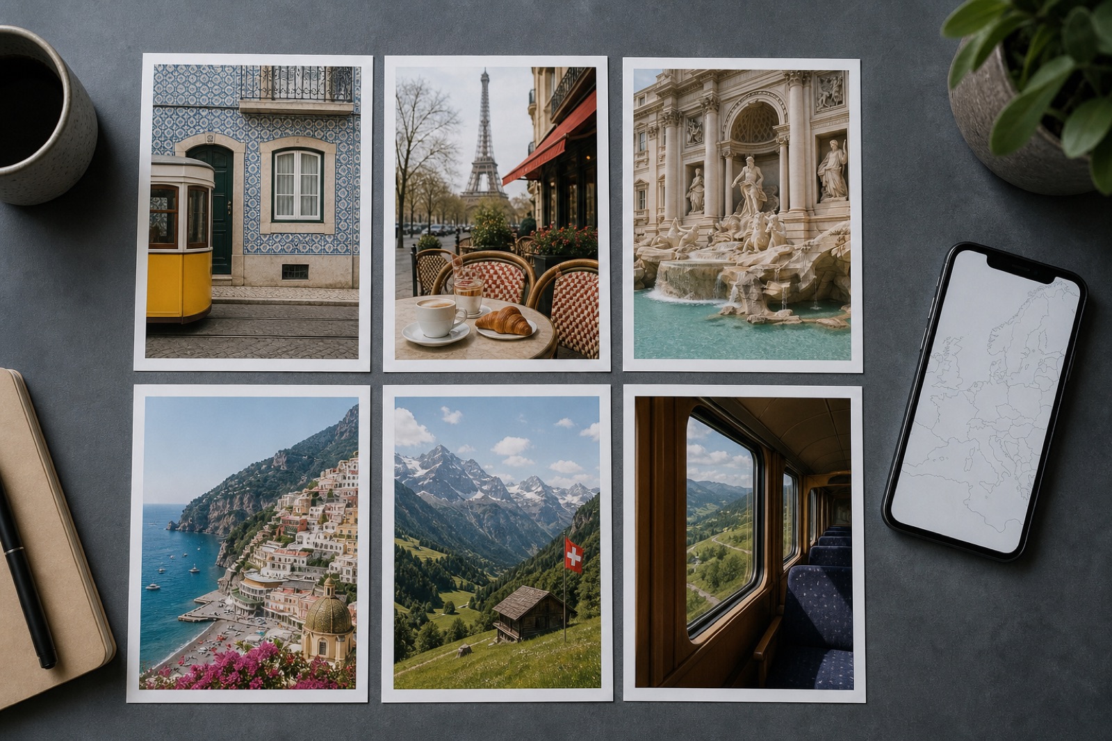 Printed vacation photos from a multi-city Europe trip laid out like an album on a desk beside a phone