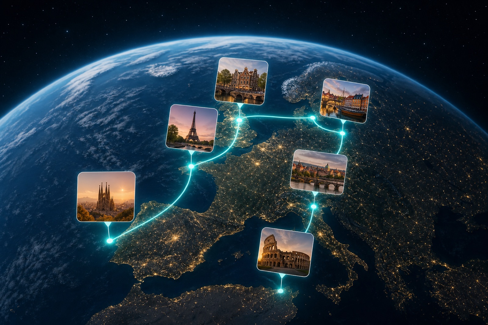 3D globe travel flyover with a glowing route and destination photo thumbnails near city pins