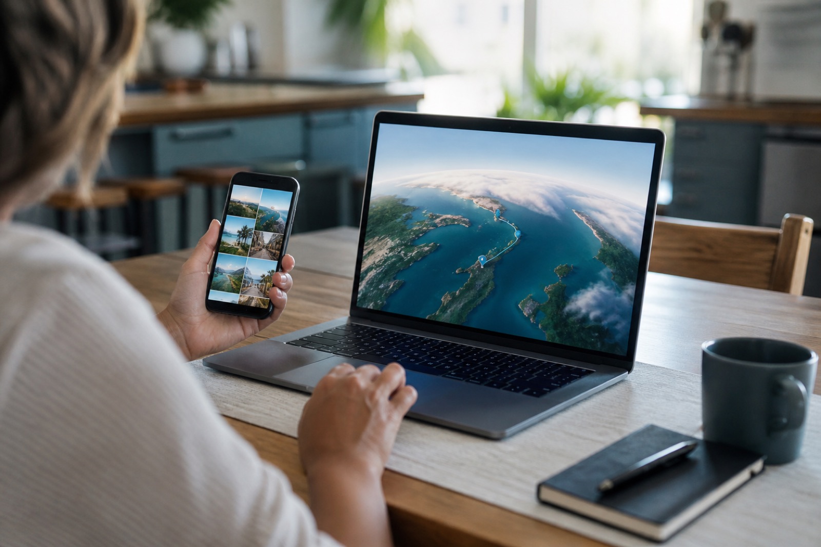 Traveler at a kitchen table reviewing a Google Photos trip album on a phone while a laptop shows a travel map flyover