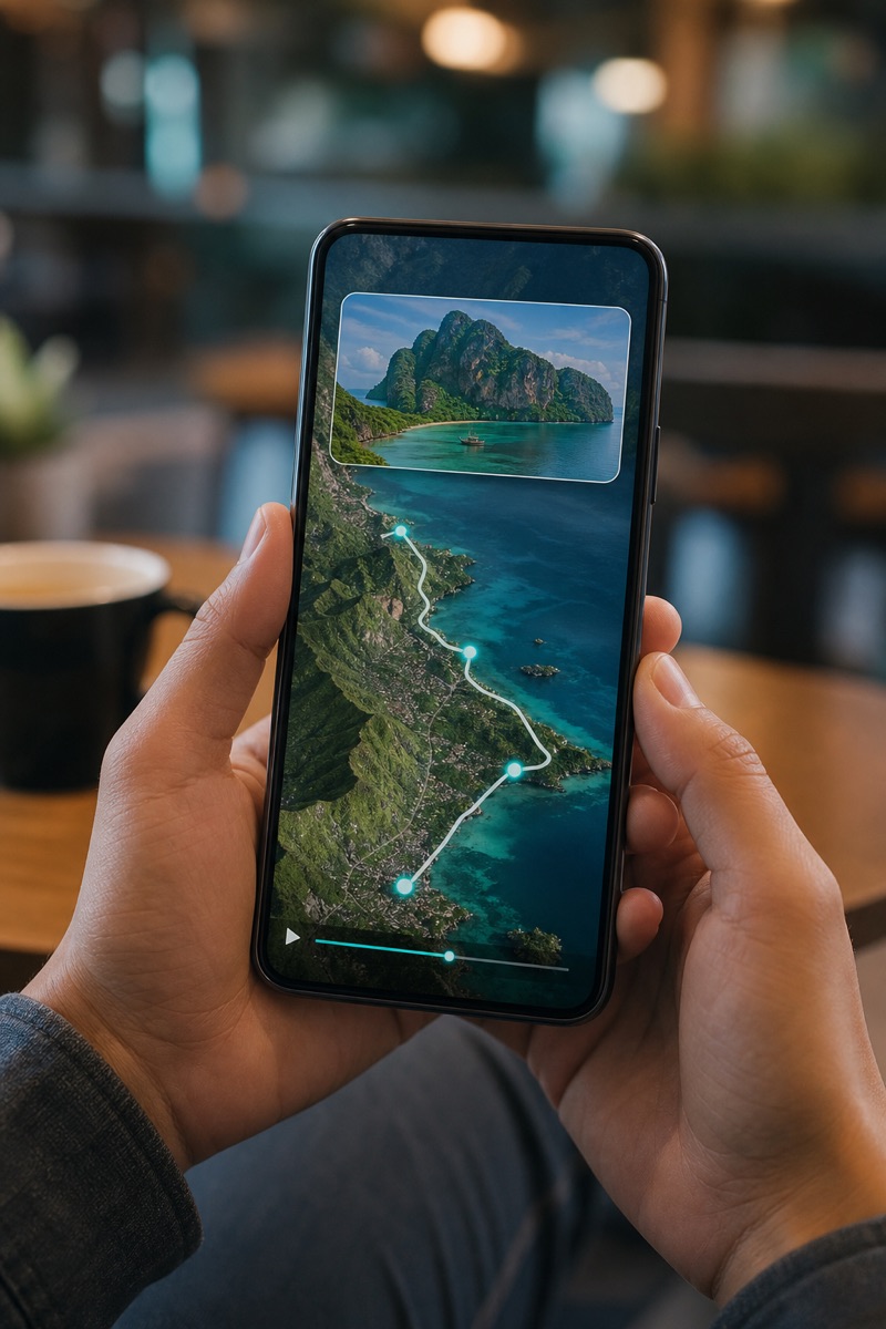 Hands holding a phone showing a vertical trip recap with a map flyover and destination photo