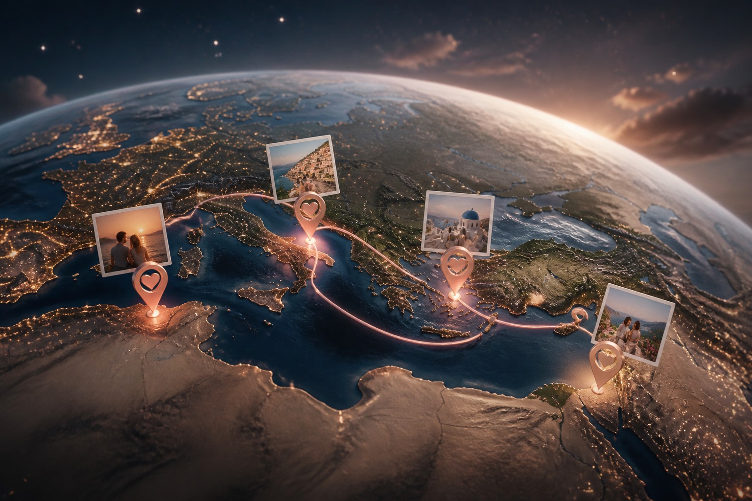 3D Earth globe with a rose-gold honeymoon route across the Mediterranean