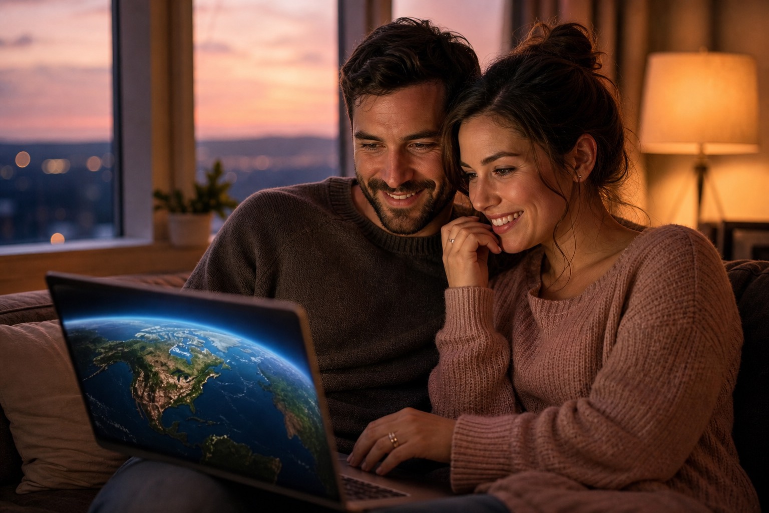 Couple watching a honeymoon travel map flyover on a laptop at dusk