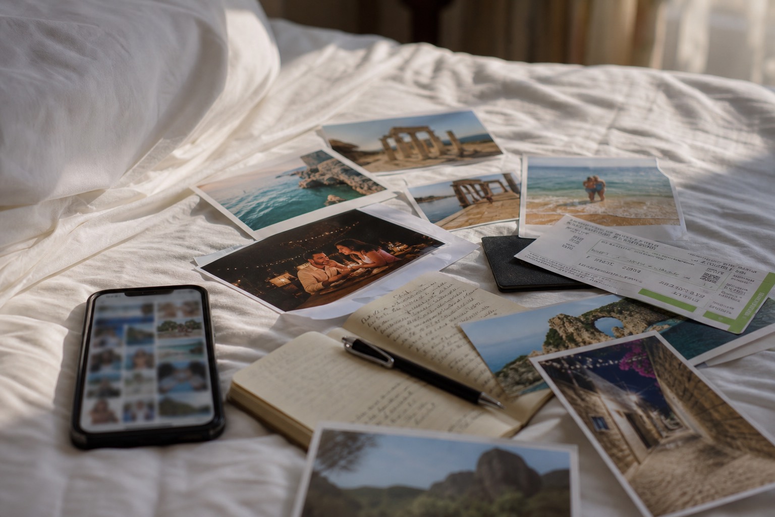 Honeymoon photos, boarding passes, and a notebook scattered on a bed
