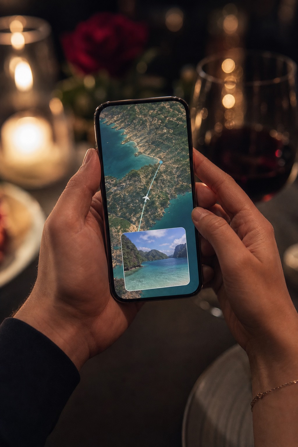 Couple holding a phone showing a vertical honeymoon map recap