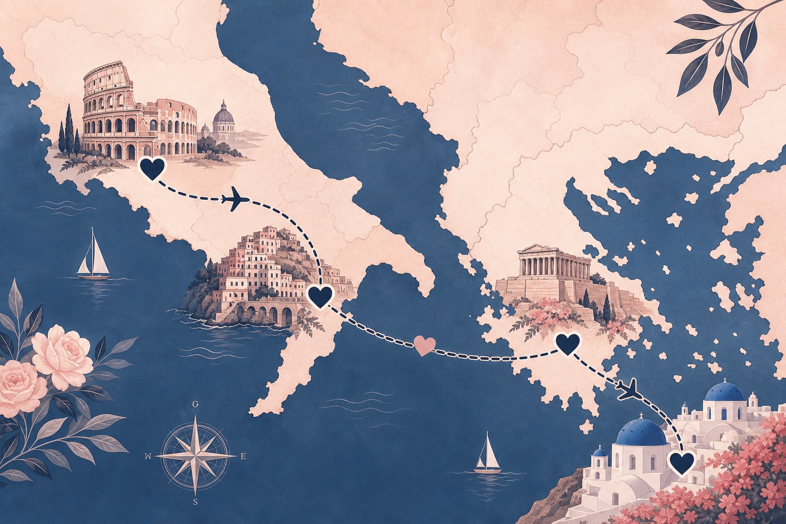 Illustrated honeymoon route map across Italy and Greece