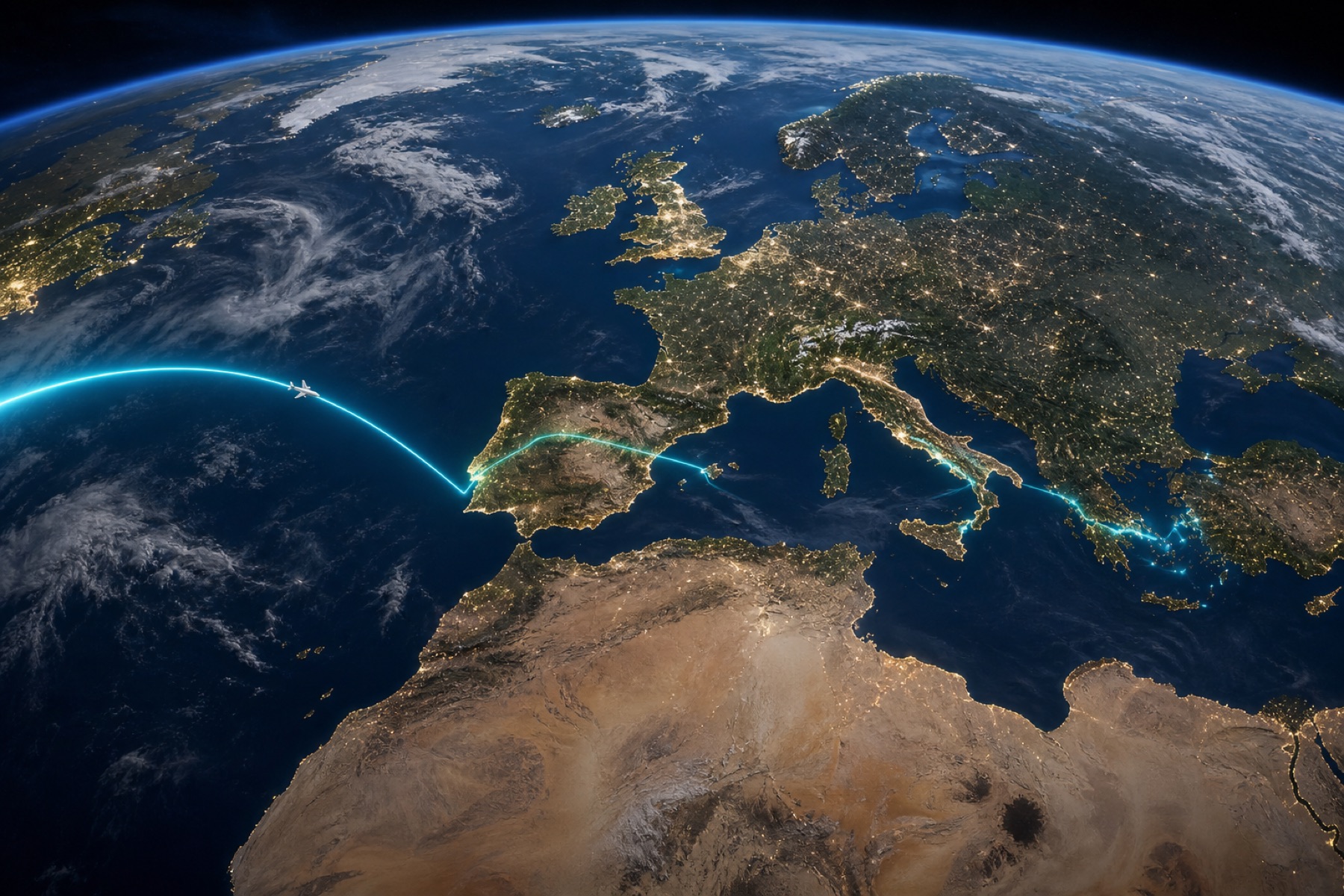 Cinematic 3D globe flyover still of a glowing cyan travel recap route from the US East Coast across the Atlantic into Europe and the Mediterranean