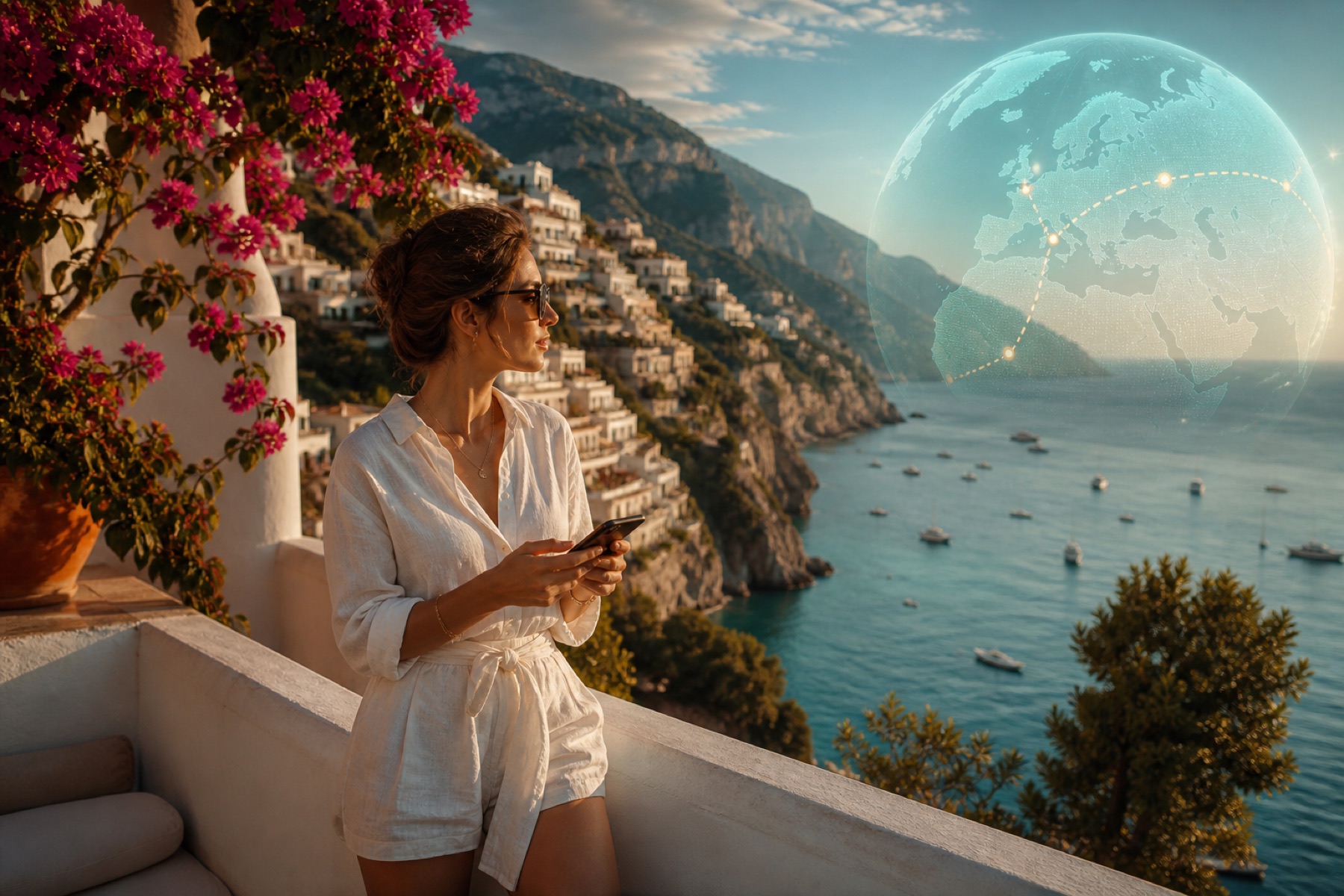 Instagram travel influencer on an Amalfi Coast terrace at golden hour, holding a phone, with a glowing 3D travel recap globe over the Mediterranean