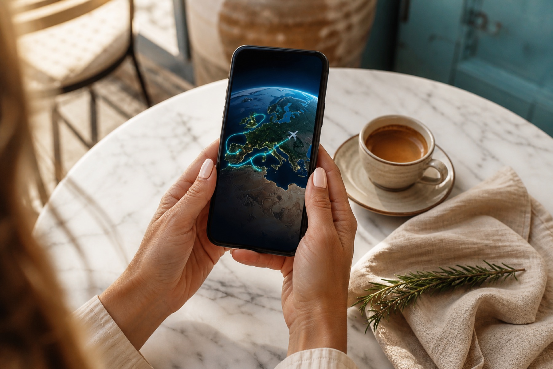 Vertical smartphone on a marble cafe table showing a 9:16 3D globe travel recap Reel of a Mediterranean influencer route, beside an espresso
