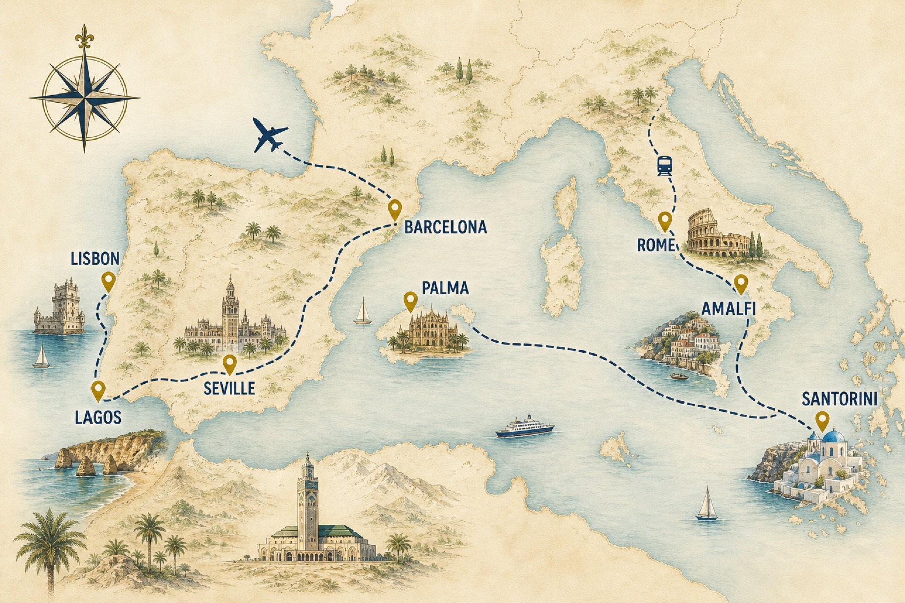 Illustrated Mediterranean influencer travel map with gold pins at Lisbon, Lagos, Seville, Barcelona, Palma, Rome, Amalfi, and Santorini
