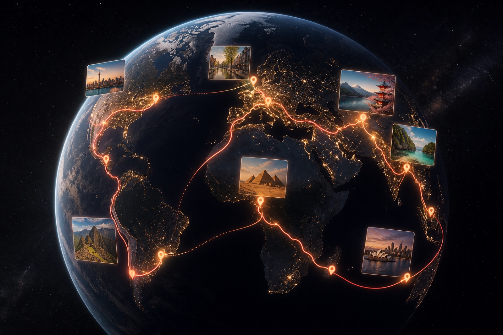 3D globe with a coral-gold route spanning multiple continents for a full year of travel