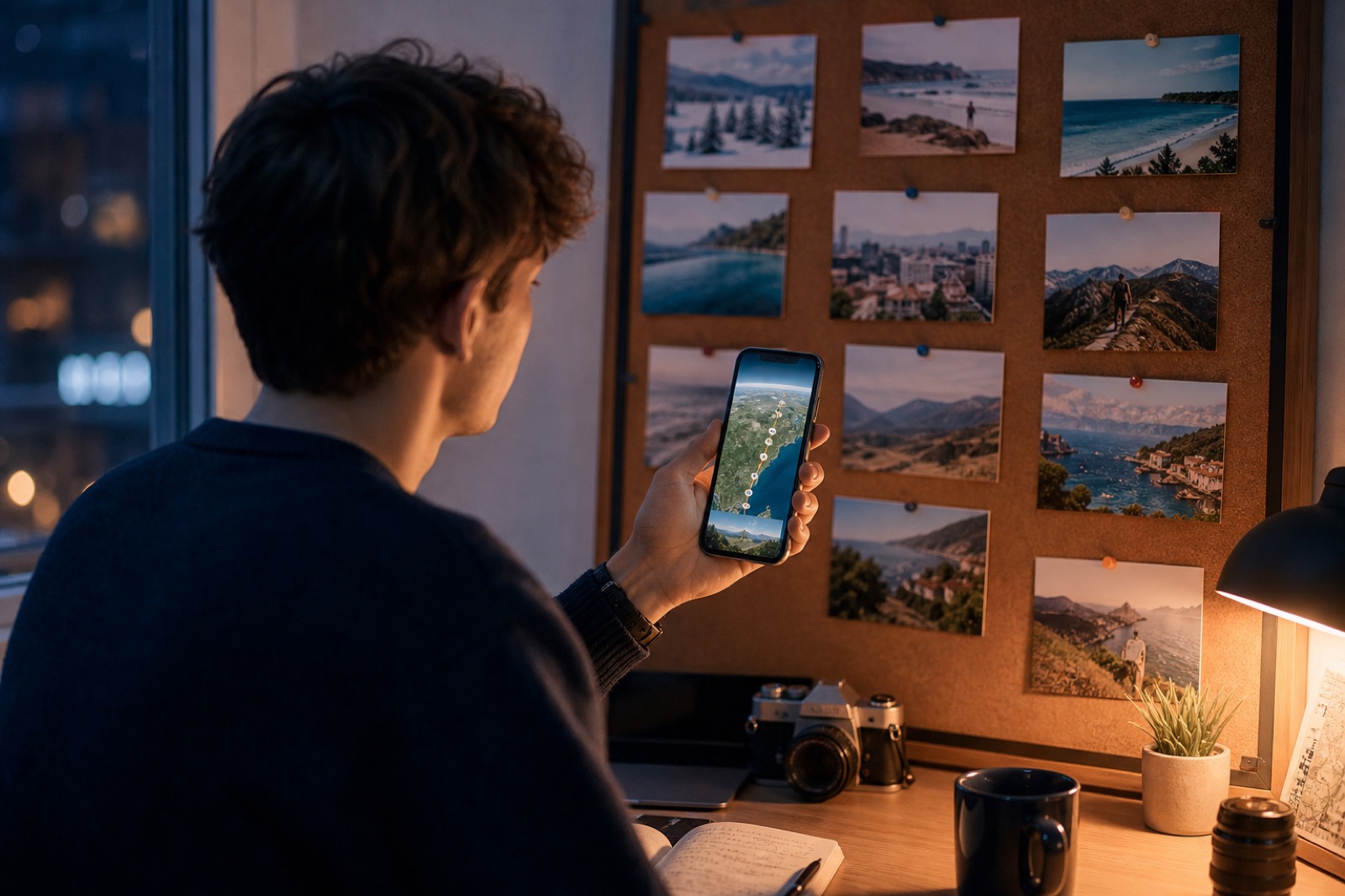 Creator preparing a year of travel Instagram Reel with seasonal trip photos and a phone preview of a map flyover
