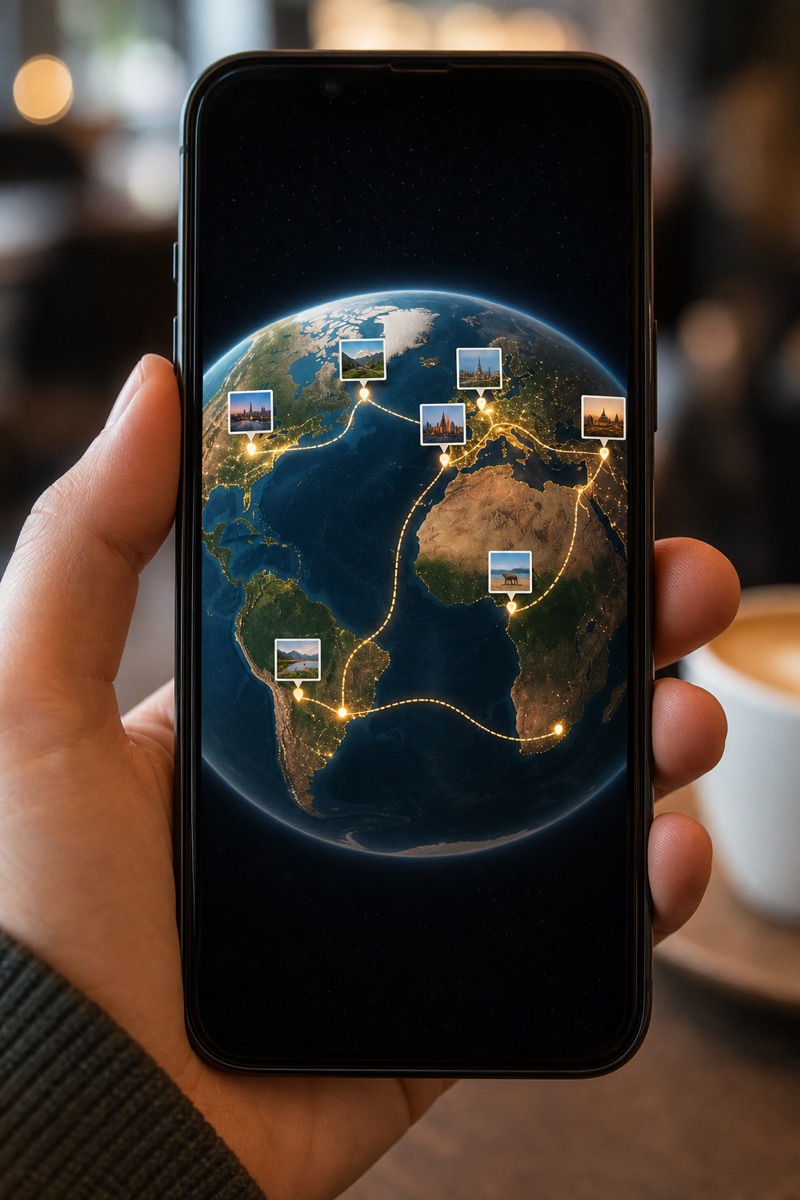 Vertical phone screen showing a year-of-travel globe recap Reel frame