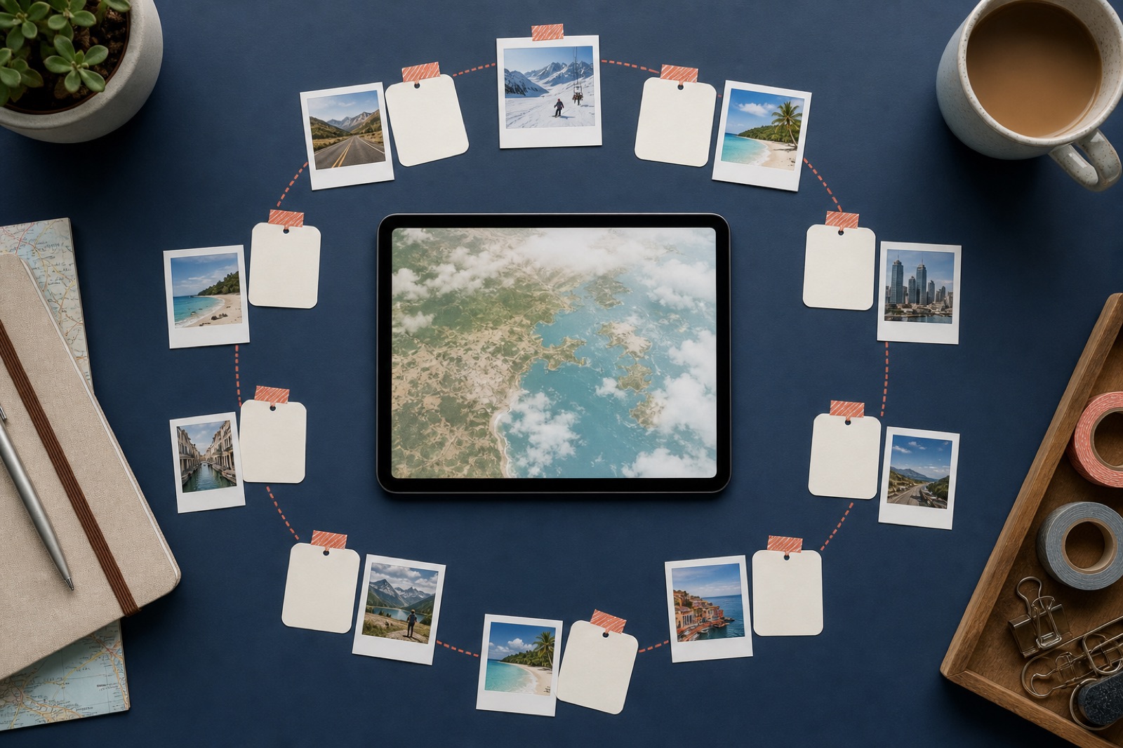Desk flat lay of a year travel timeline with monthly trip photos arranged around a tablet map preview