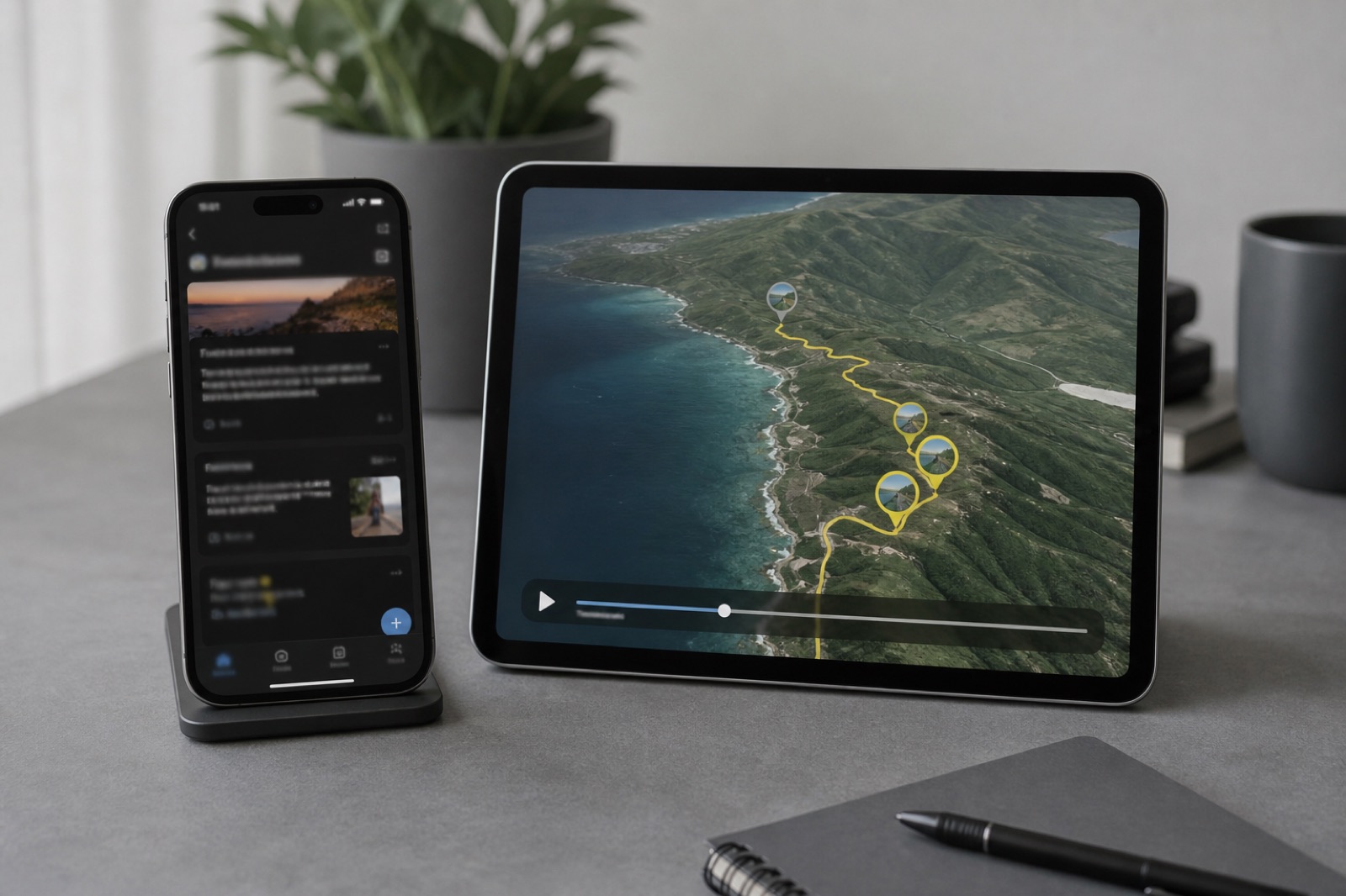 Phone showing a trip diary app beside a tablet playing a map flyover travel recap