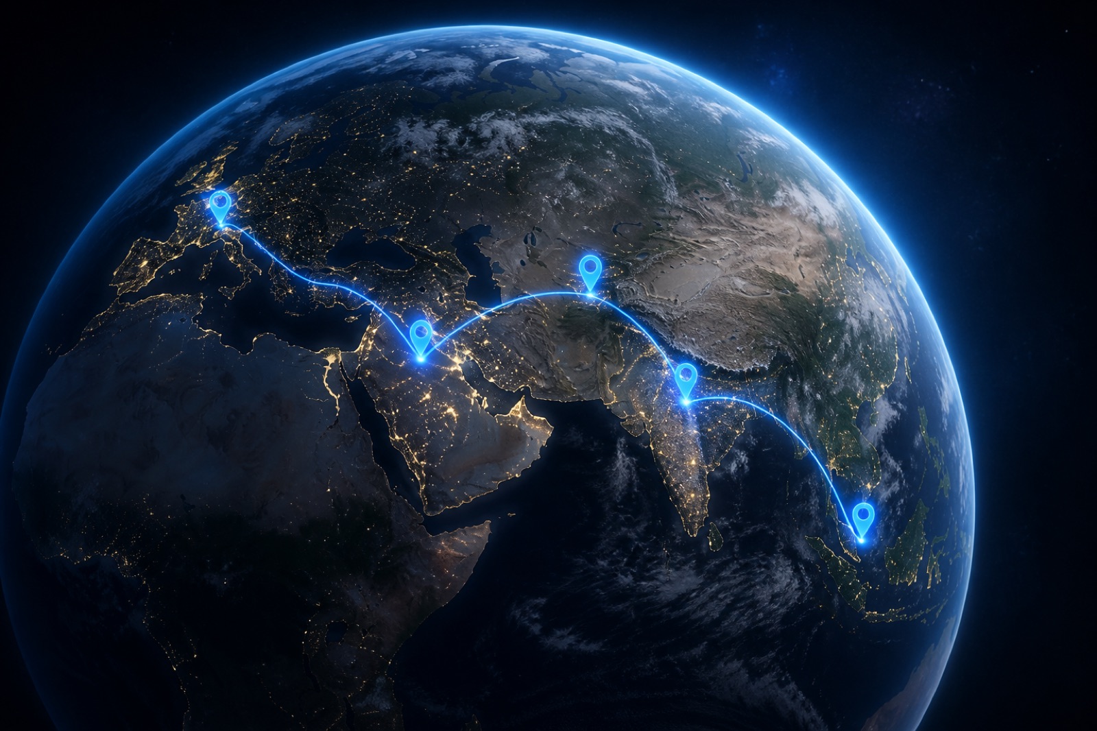 3D globe travel flyover with a glowing blue route between cities