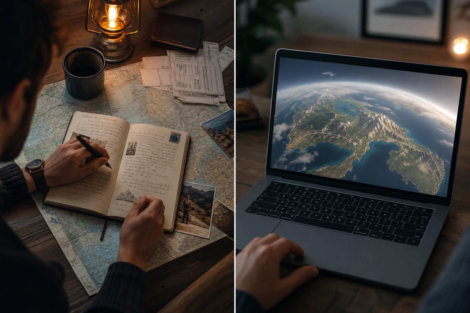 Split scene: handwritten trip journal on a desk beside a laptop playing a 3D travel map recap video